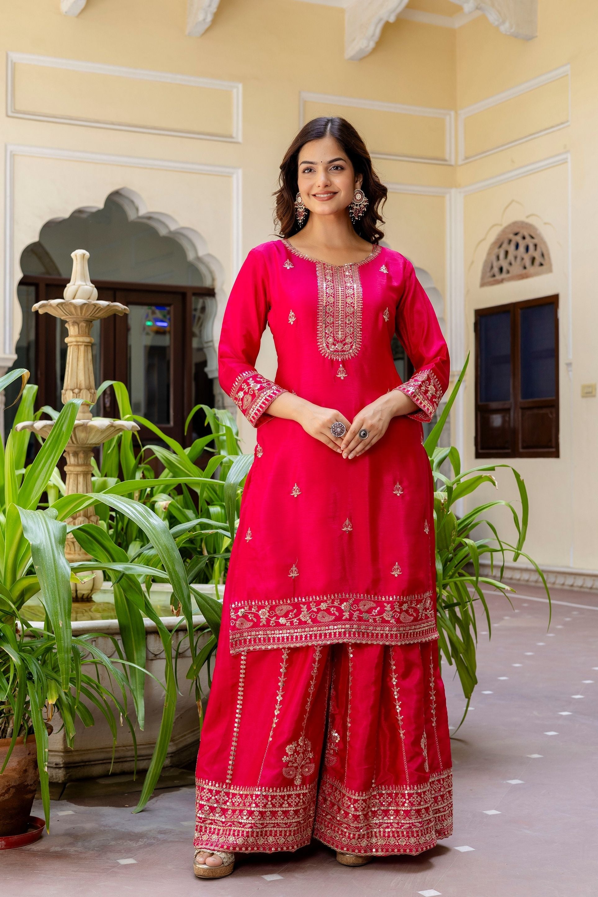 Beautifull Pink Embroidered Sequence Zari Designer Traditional Wear Salwar Suit With Dupatta