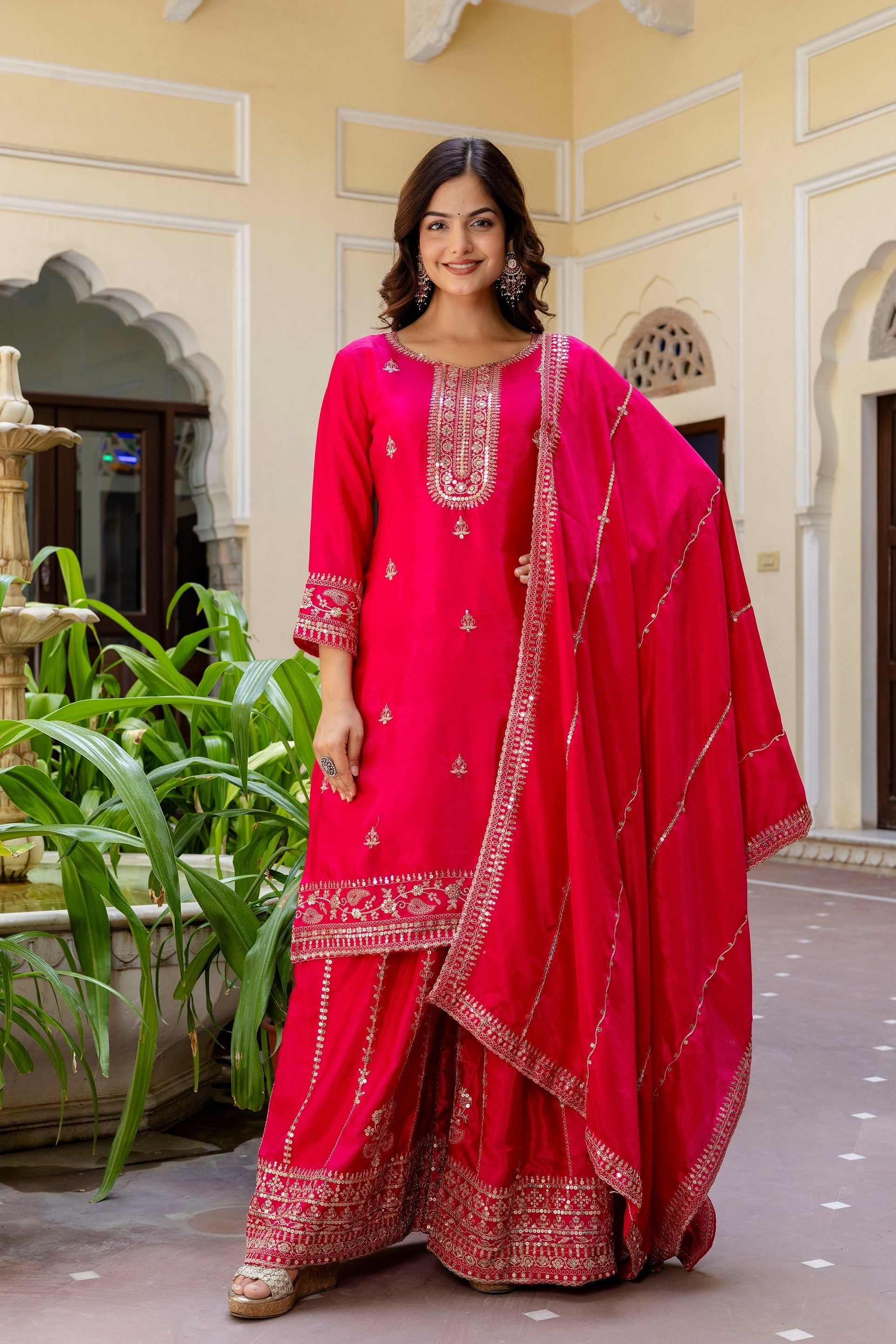 Beautifull Pink Embroidered Sequence Zari Designer Traditional Wear Salwar Suit With Dupatta