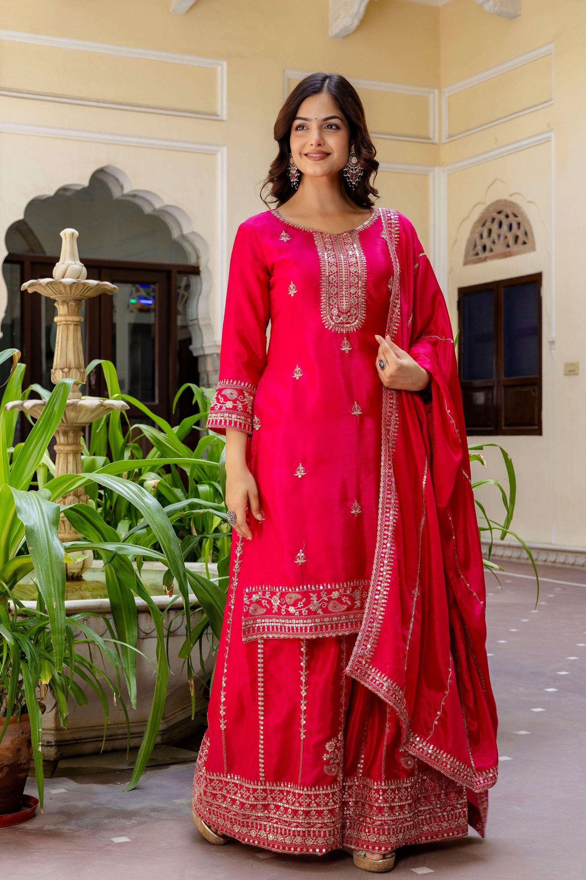 Beautifull Pink Embroidered Sequence Zari Designer Traditional Wear Salwar Suit With Dupatta