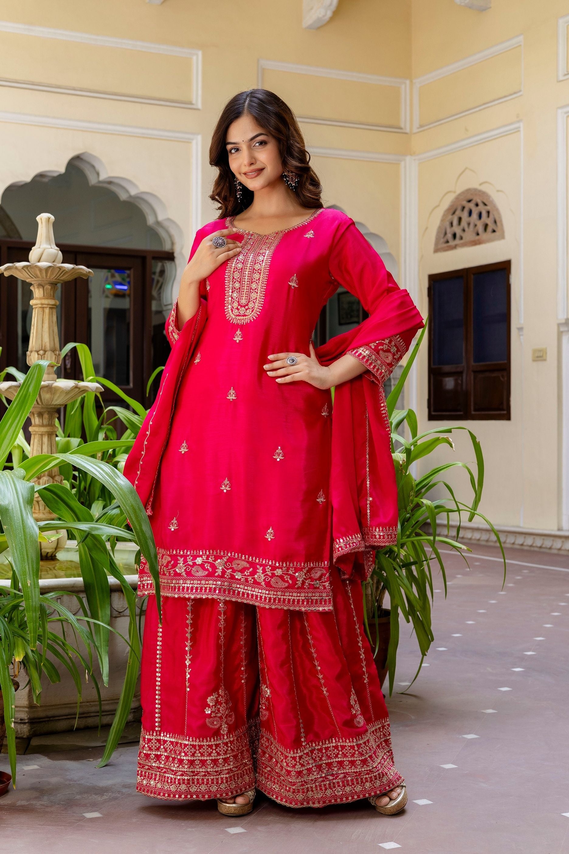 Beautifull Pink Embroidered Sequence Zari Designer Traditional Wear Salwar Suit With Dupatta