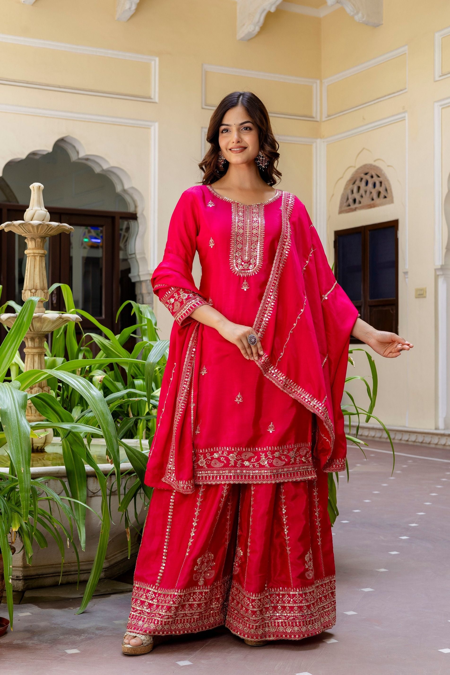 Beautifull Pink Embroidered Sequence Zari Designer Traditional Wear Salwar Suit With Dupatta