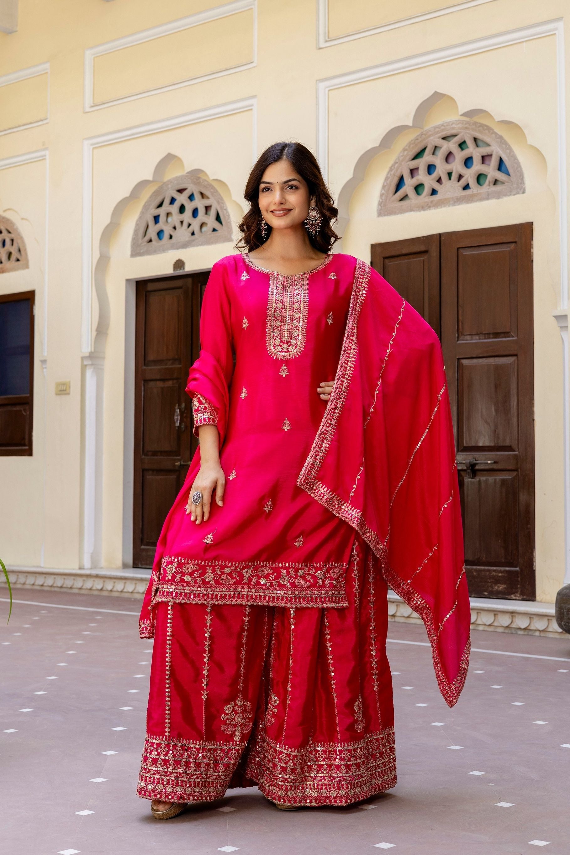 Beautifull Pink Embroidered Sequence Zari Designer Traditional Wear Salwar Suit With Dupatta