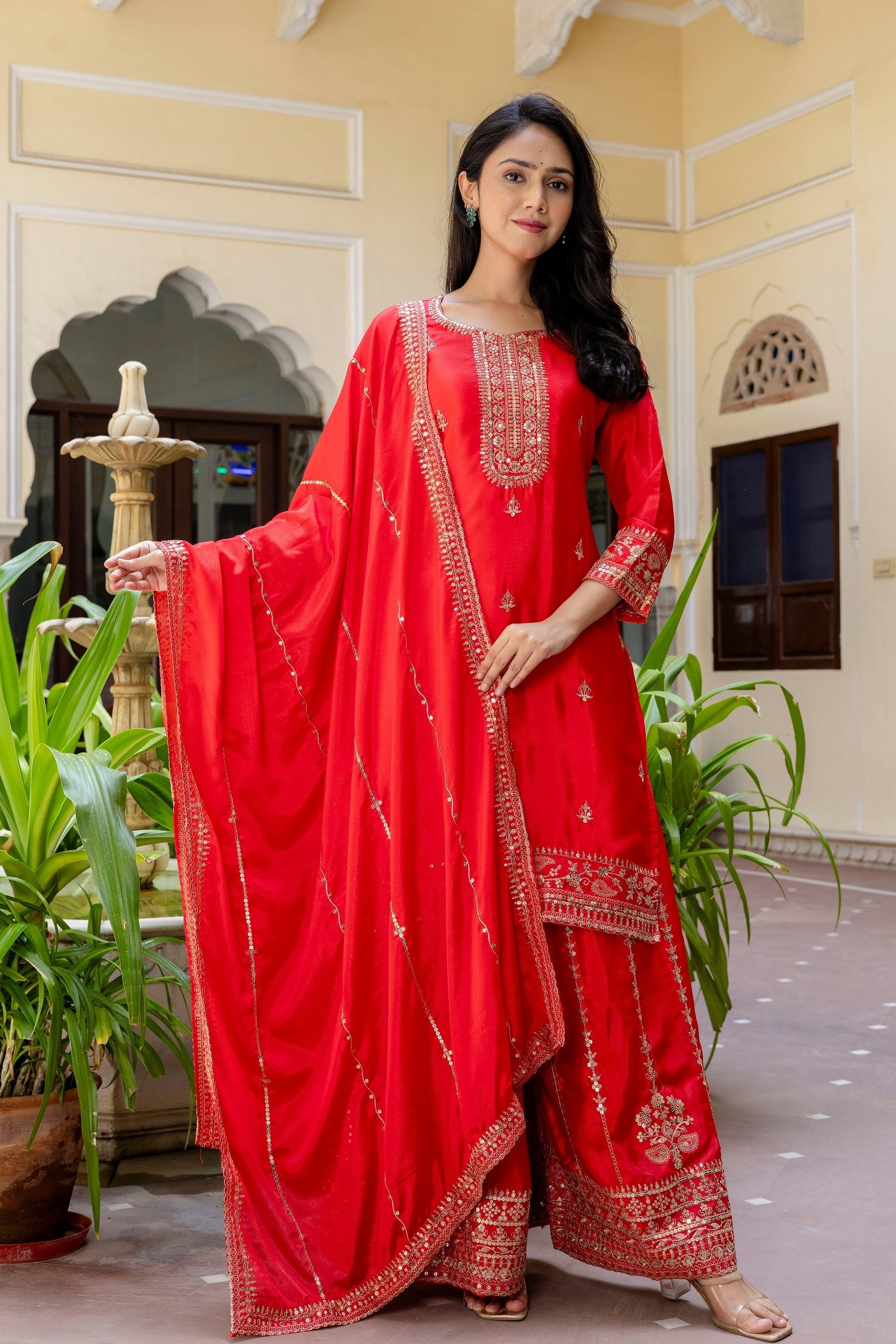 Stunning Red Embroidered Sequence Zari Designer Wedding Guest Wear Salwar Suit With Dupatta