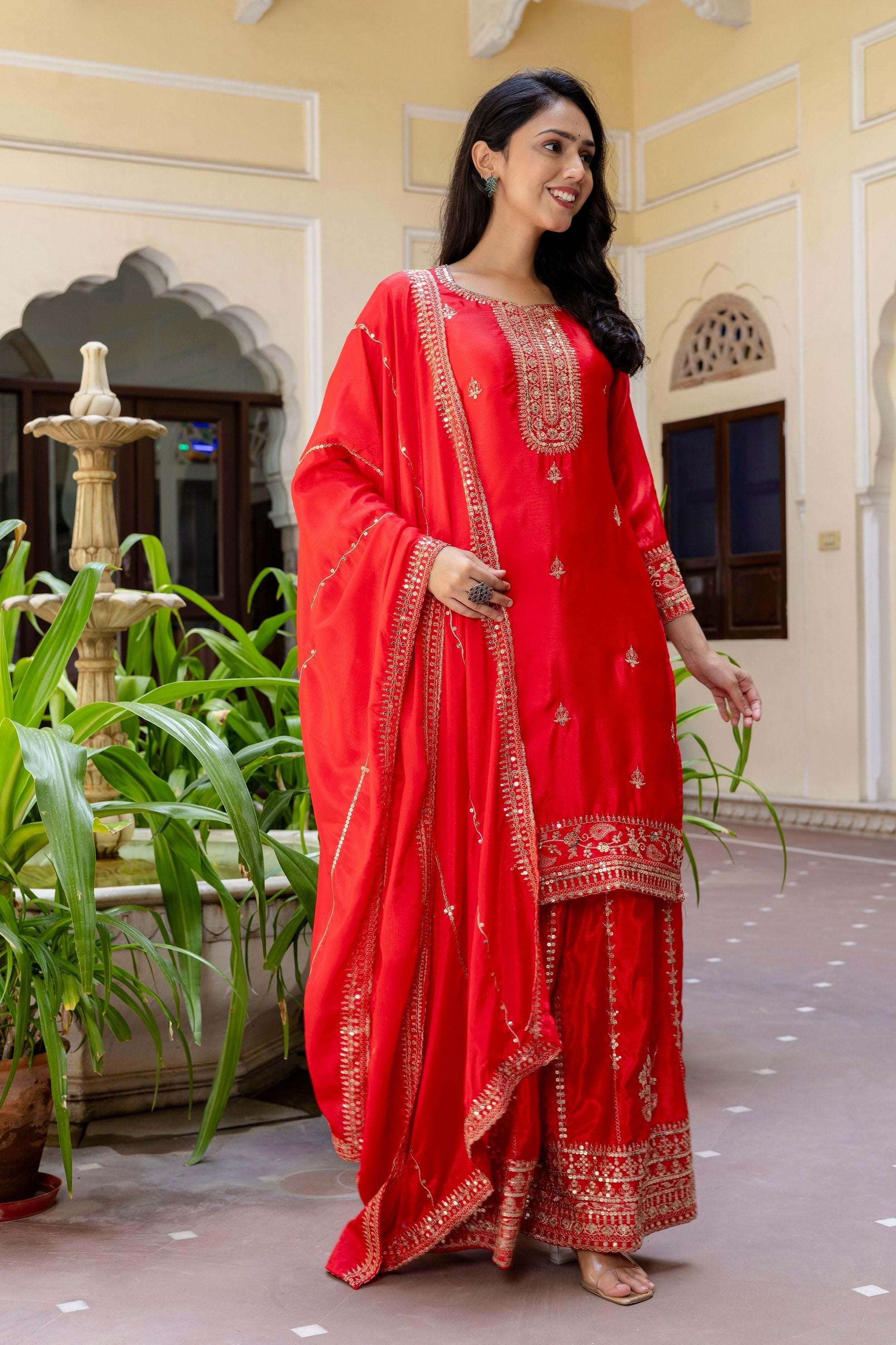 Stunning Red Embroidered Sequence Zari Designer Wedding Guest Wear Salwar Suit With Dupatta