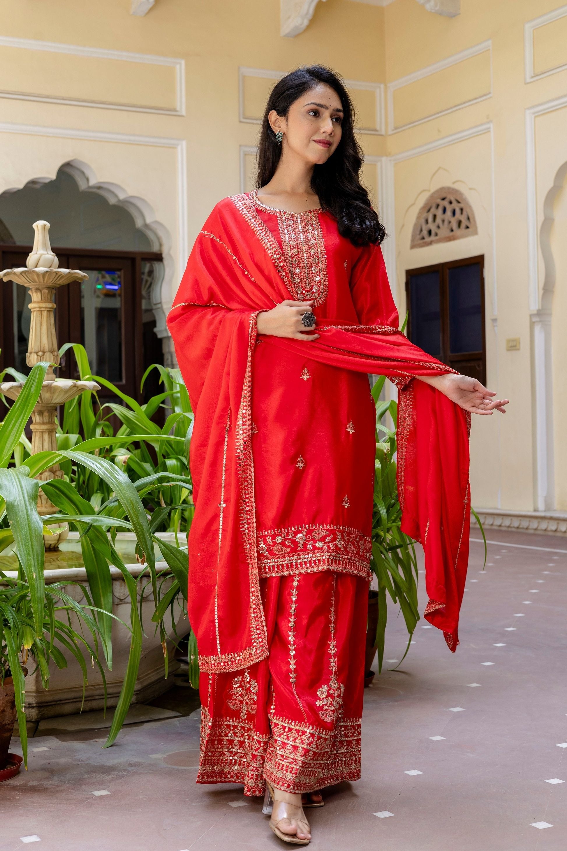 Stunning Red Embroidered Sequence Zari Designer Wedding Guest Wear Salwar Suit With Dupatta