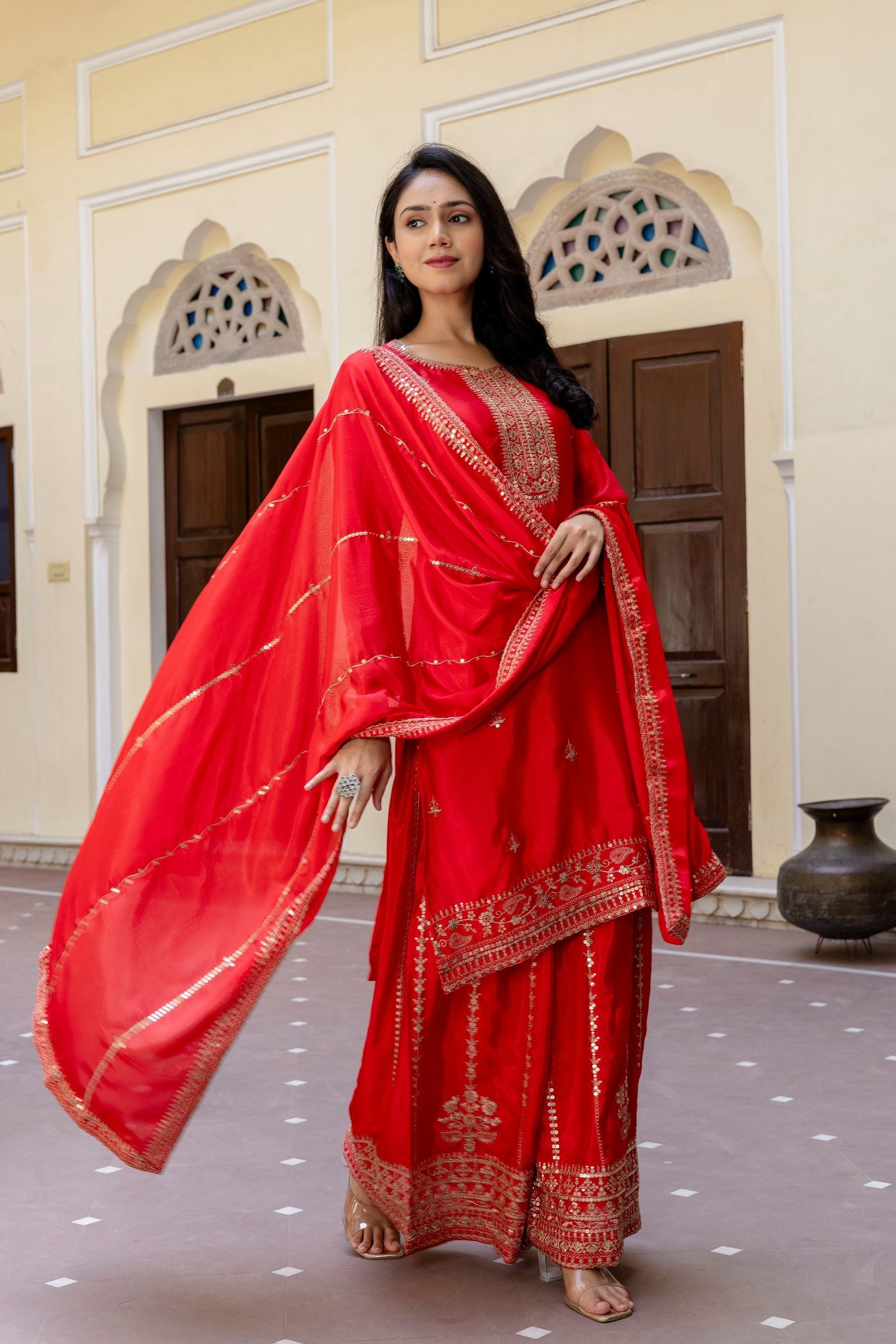 Stunning Red Embroidered Sequence Zari Designer Wedding Guest Wear Salwar Suit With Dupatta