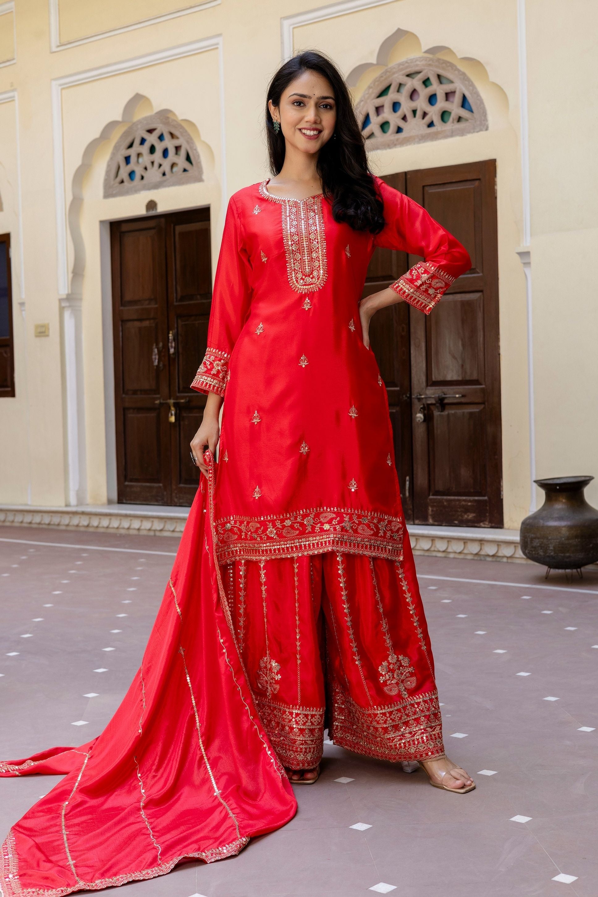 Stunning Red Embroidered Sequence Zari Designer Wedding Guest Wear Salwar Suit With Dupatta
