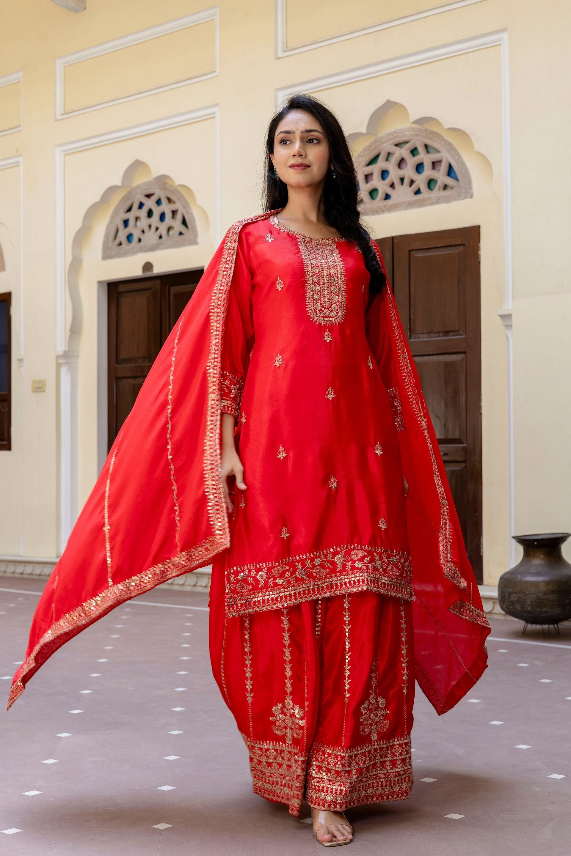 Stunning Red Embroidered Sequence Zari Designer Wedding Guest Wear Salwar Suit With Dupatta