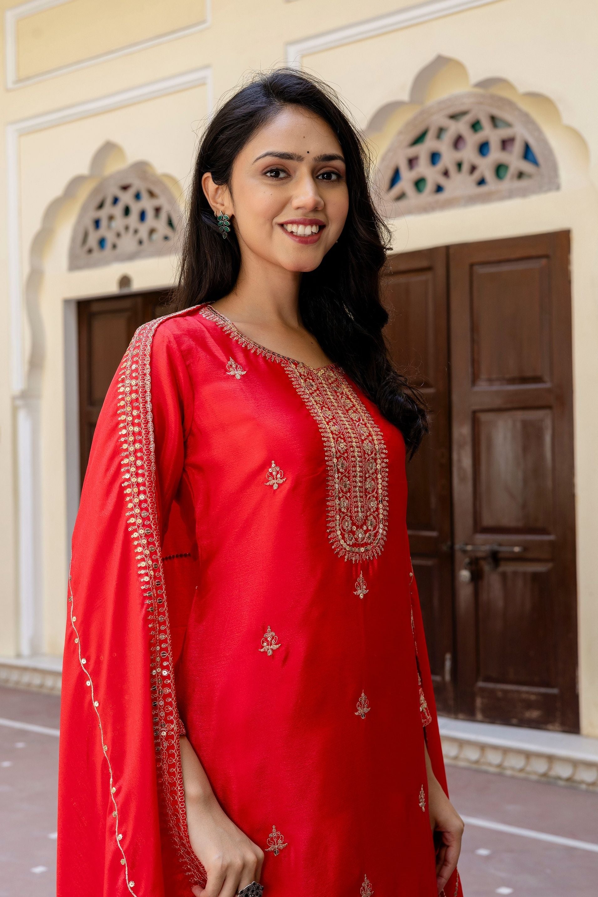 Stunning Red Embroidered Sequence Zari Designer Wedding Guest Wear Salwar Suit With Dupatta