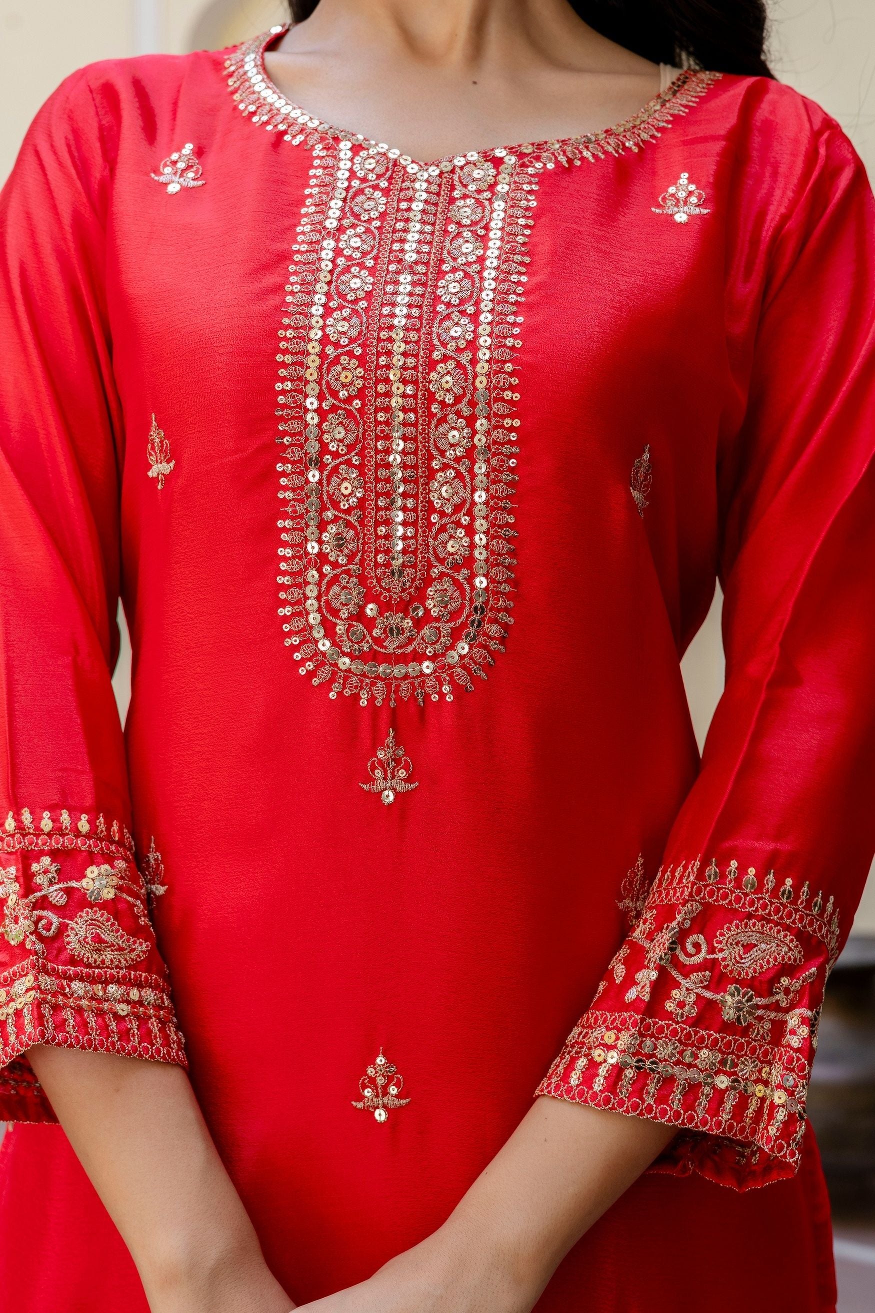 Stunning Red Embroidered Sequence Zari Designer Wedding Guest Wear Salwar Suit With Dupatta