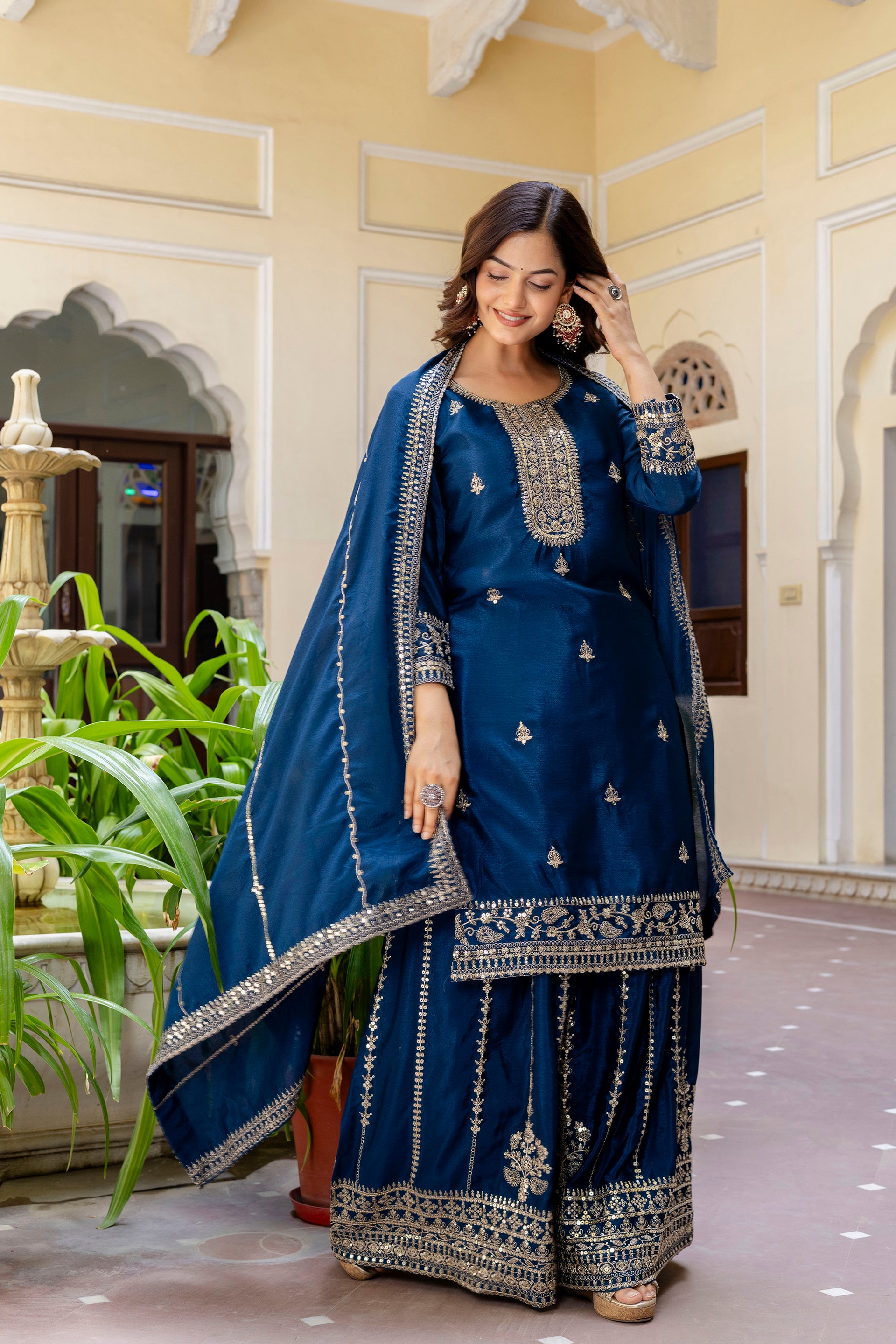 Fablous Blue Embroidered Sequence Zari Designer Traditional Wear Salwar Suit With Dupatta