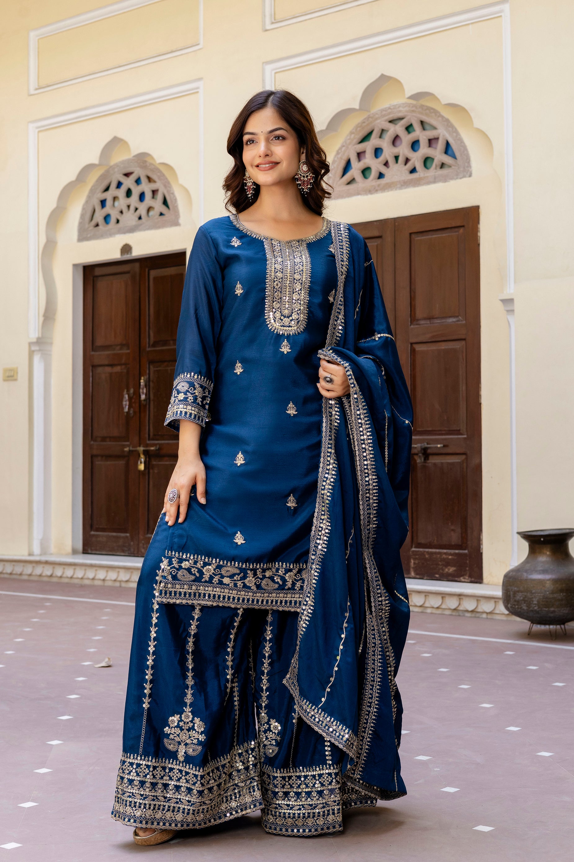 Fablous Blue Embroidered Sequence Zari Designer Traditional Wear Salwar Suit With Dupatta
