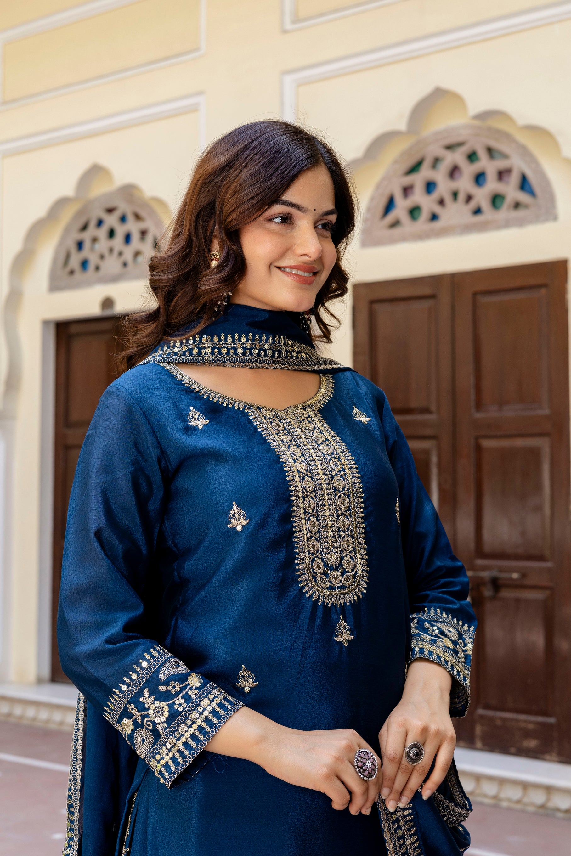 Fablous Blue Embroidered Sequence Zari Designer Traditional Wear Salwar Suit With Dupatta