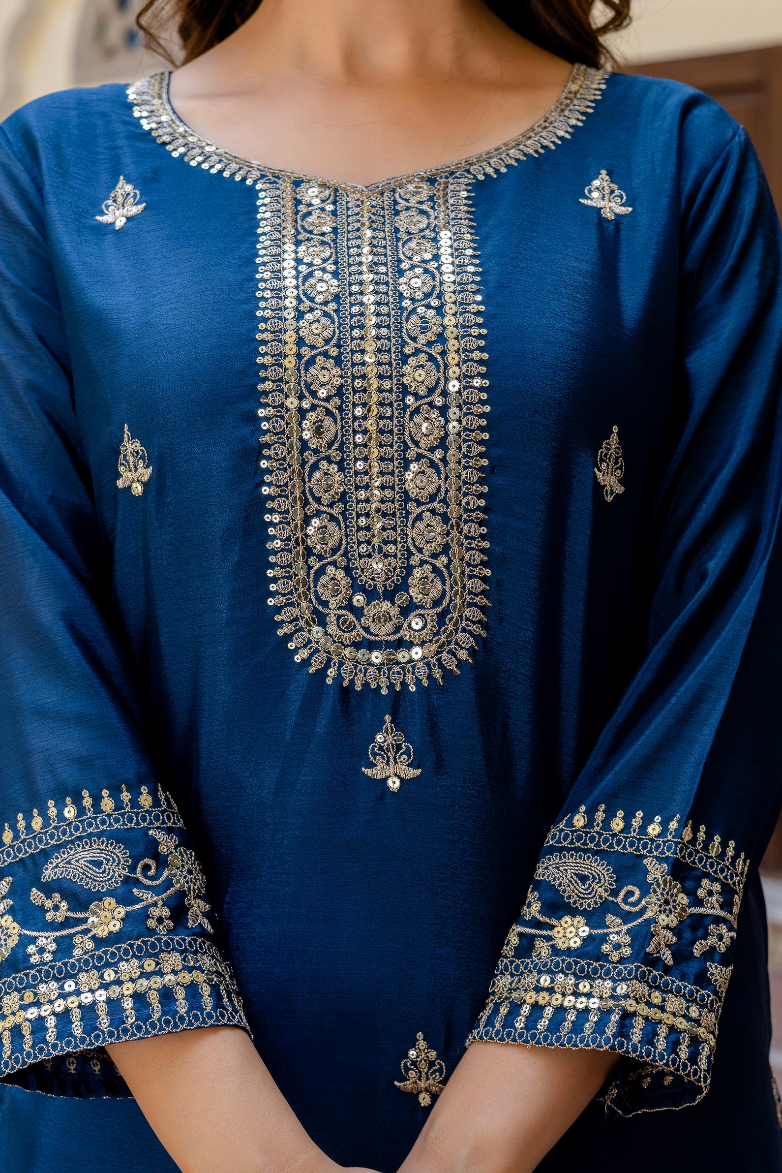 Fablous Blue Embroidered Sequence Zari Designer Traditional Wear Salwar Suit With Dupatta