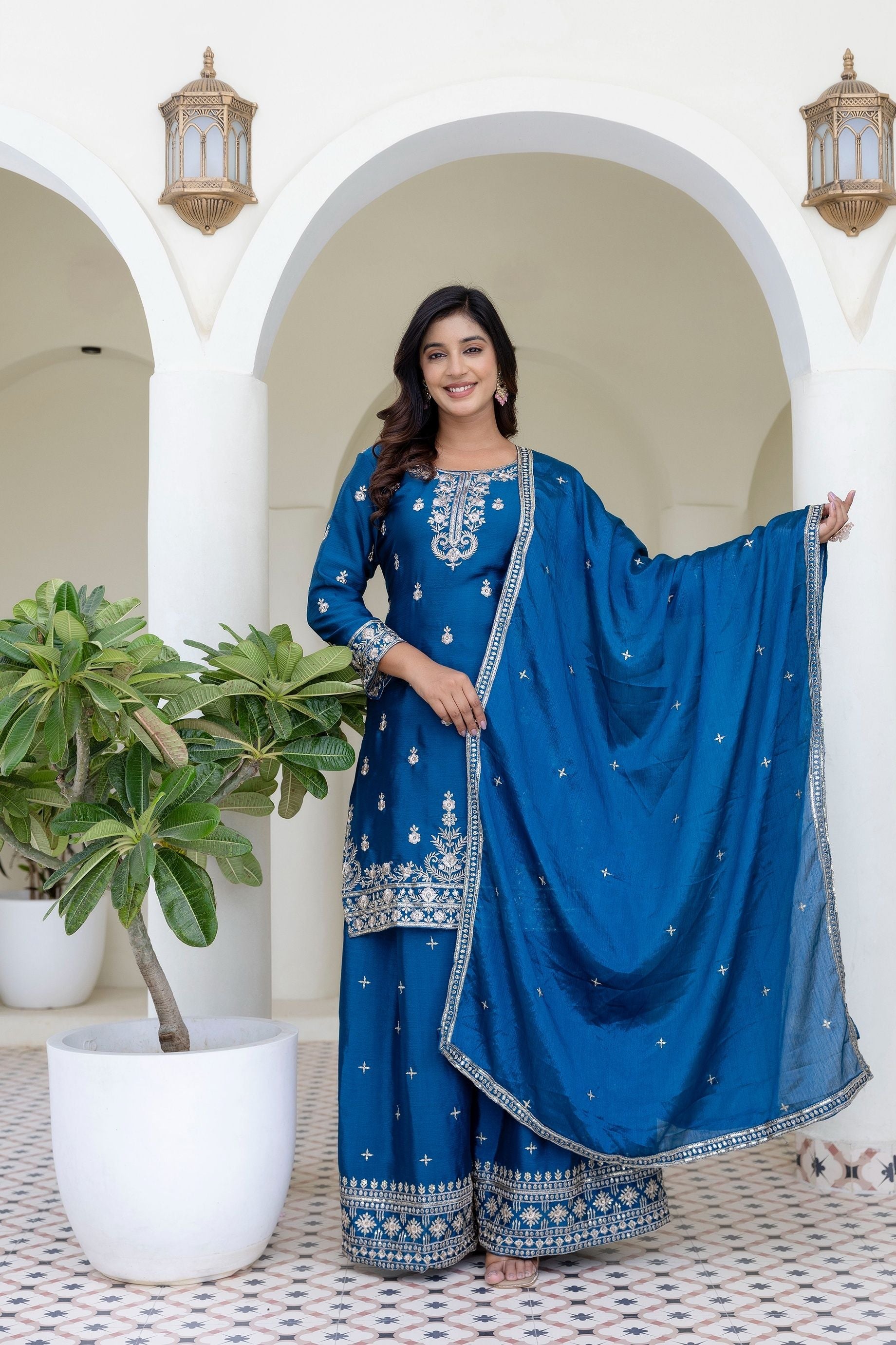 Teal Blue Embriodered Sequence Designer Traditional Wear Salwar Suit With Dupatta