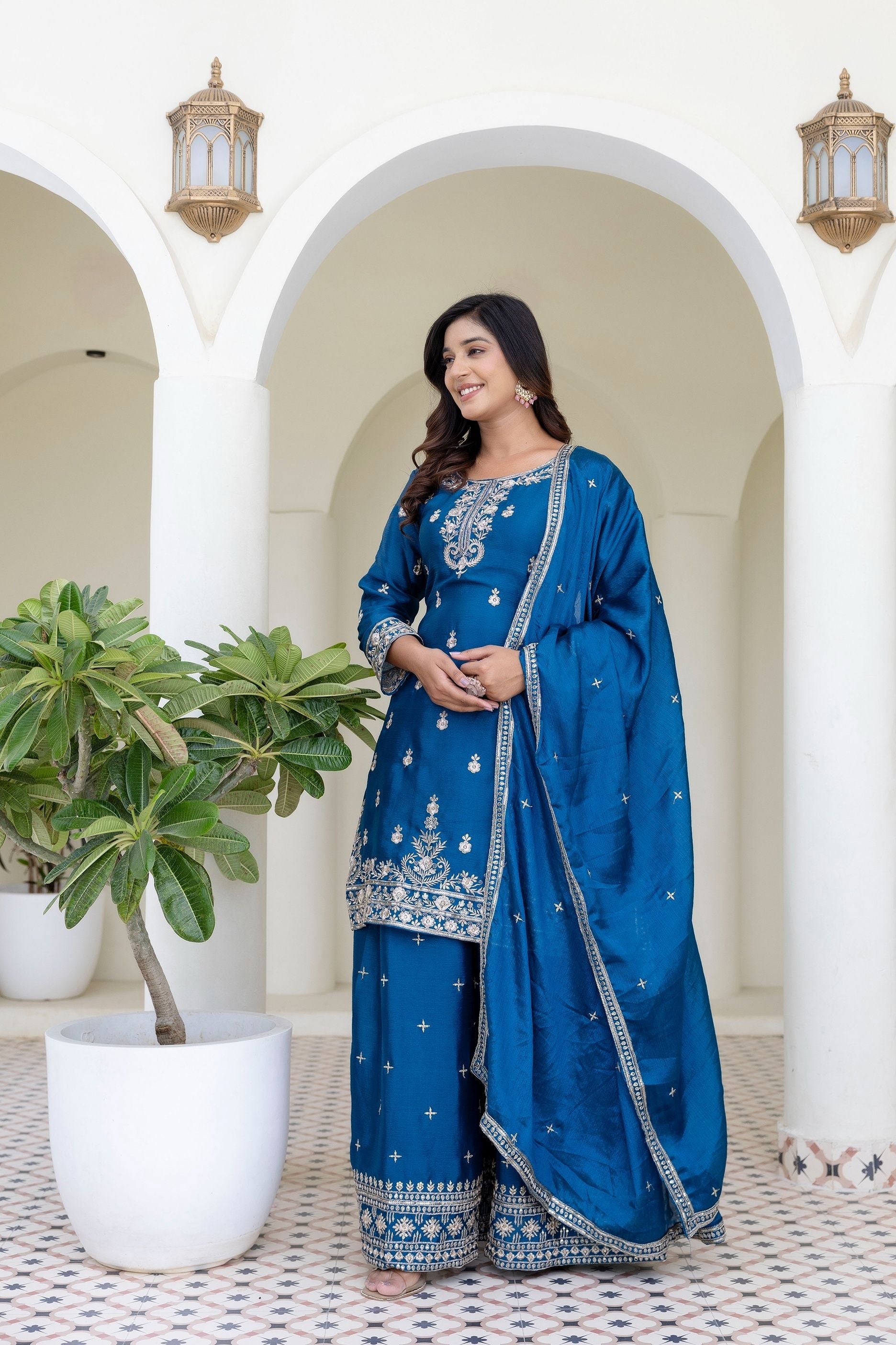 Teal Blue Embriodered Sequence Designer Traditional Wear Salwar Suit With Dupatta