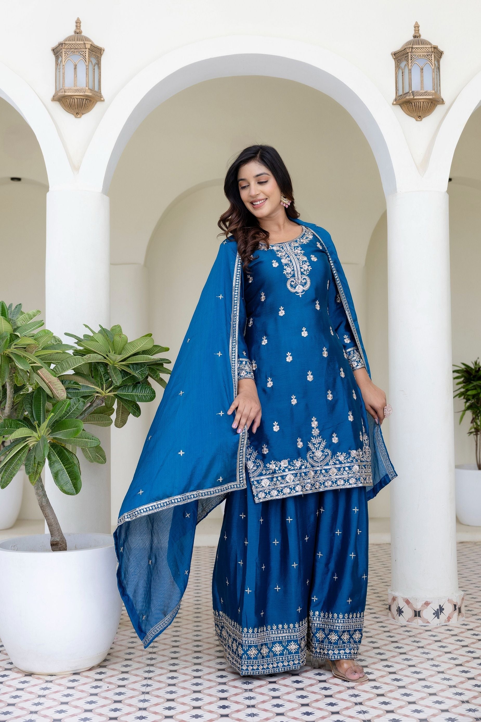 Teal Blue Embriodered Sequence Designer Traditional Wear Salwar Suit With Dupatta
