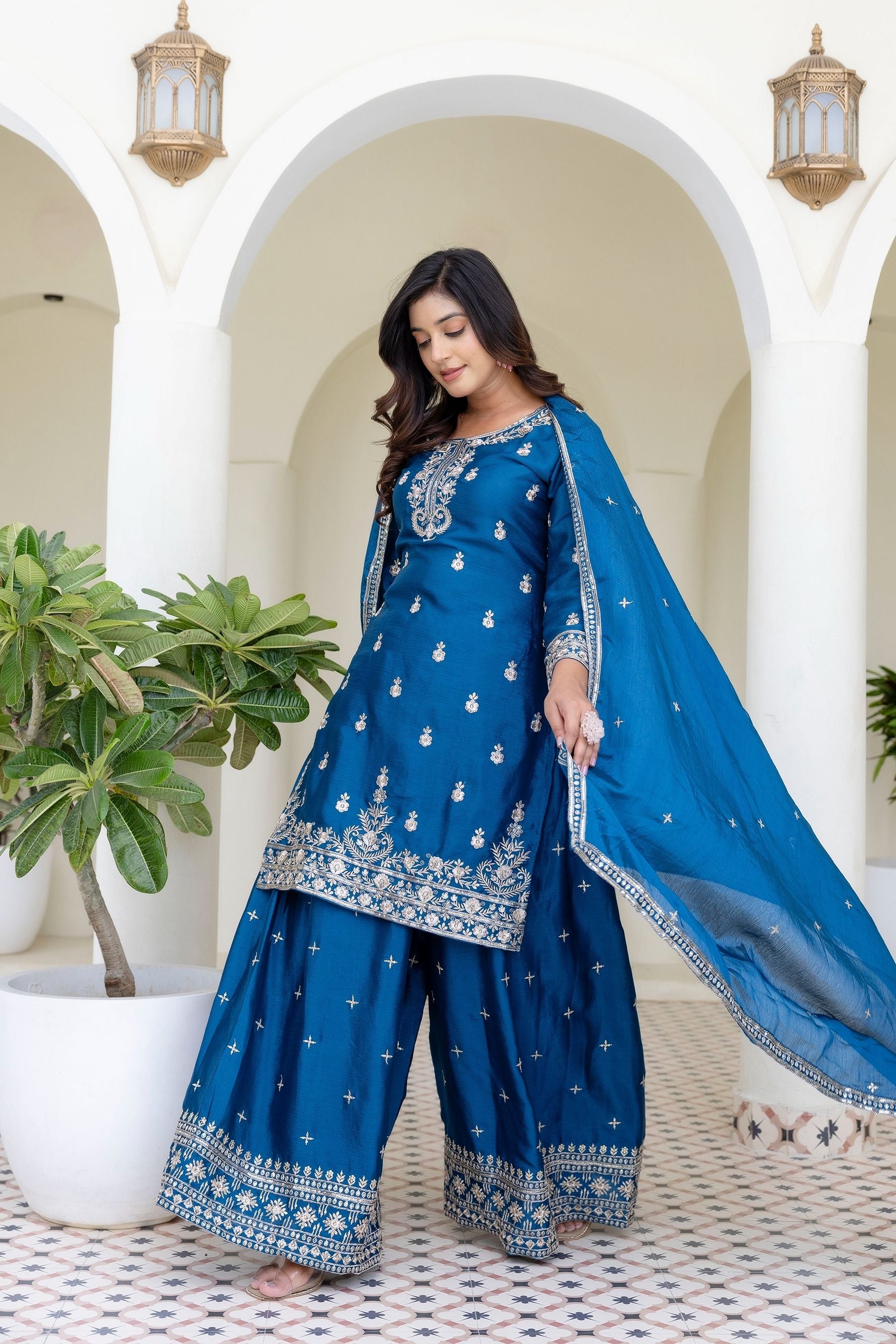 Teal Blue Embriodered Sequence Designer Traditional Wear Salwar Suit With Dupatta