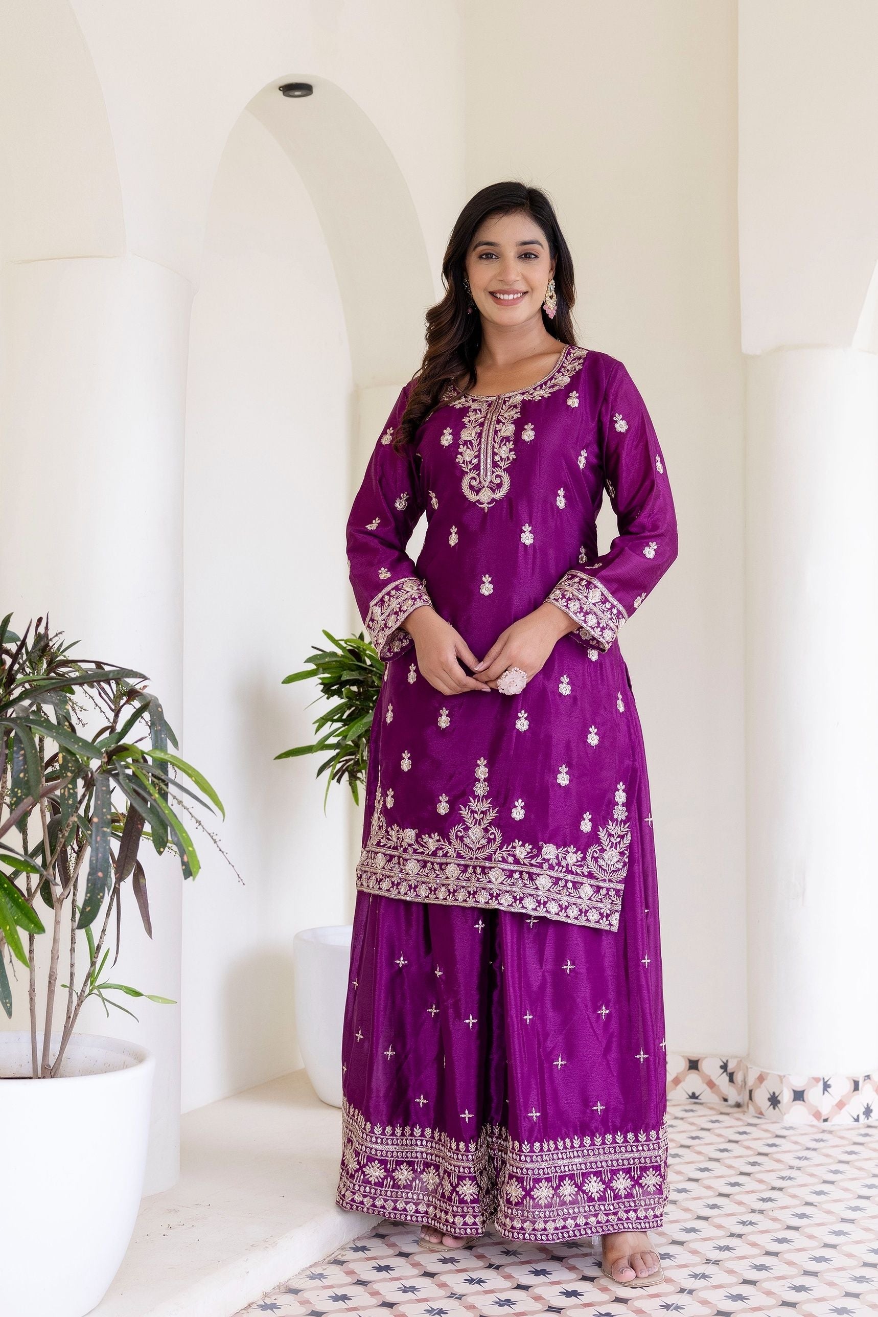 Plum Purple Embriodered Sequence Designer Traditional Wear Salwar Suit With Dupatta
