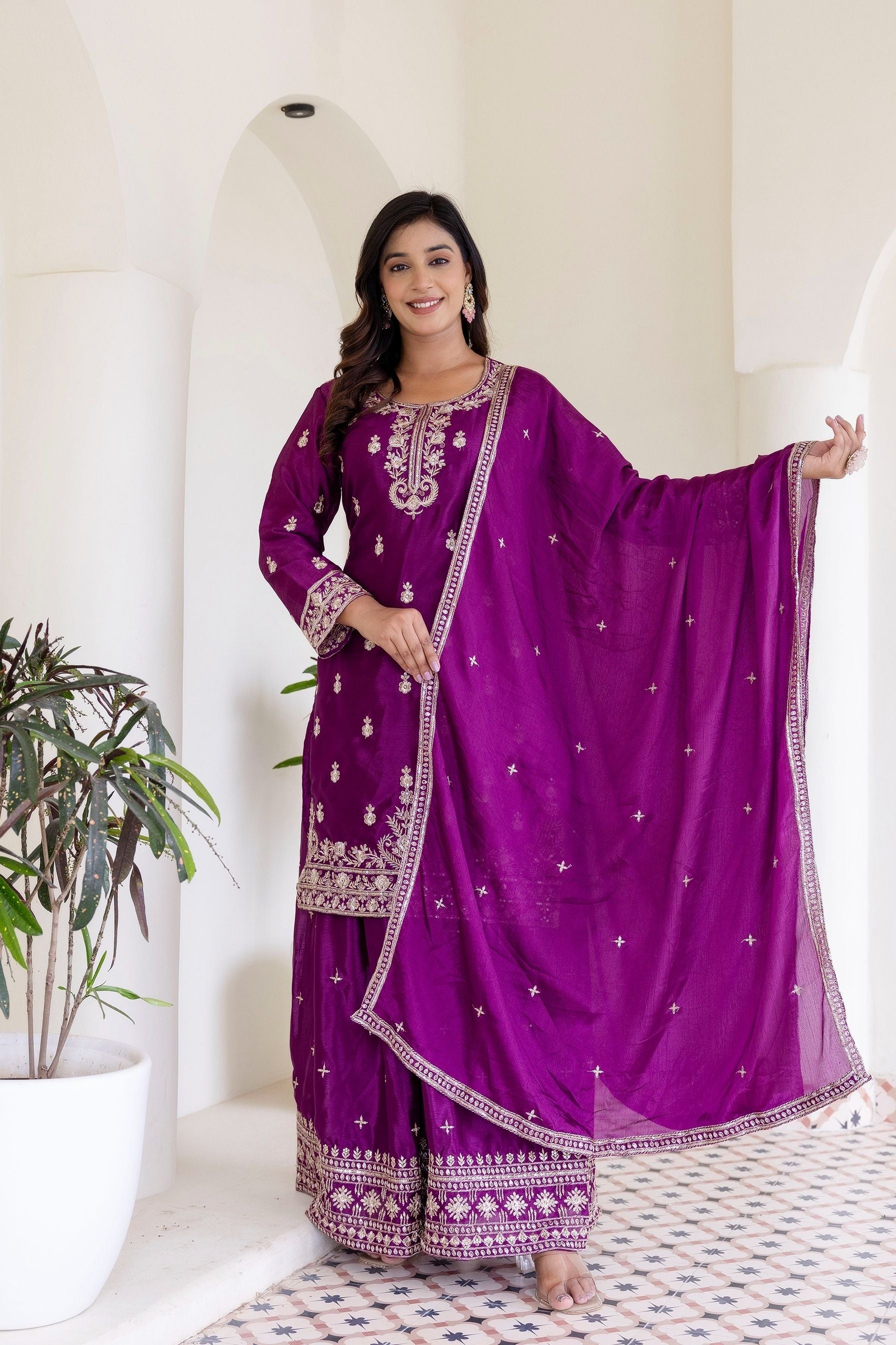 Plum Purple Embriodered Sequence Designer Traditional Wear Salwar Suit With Dupatta