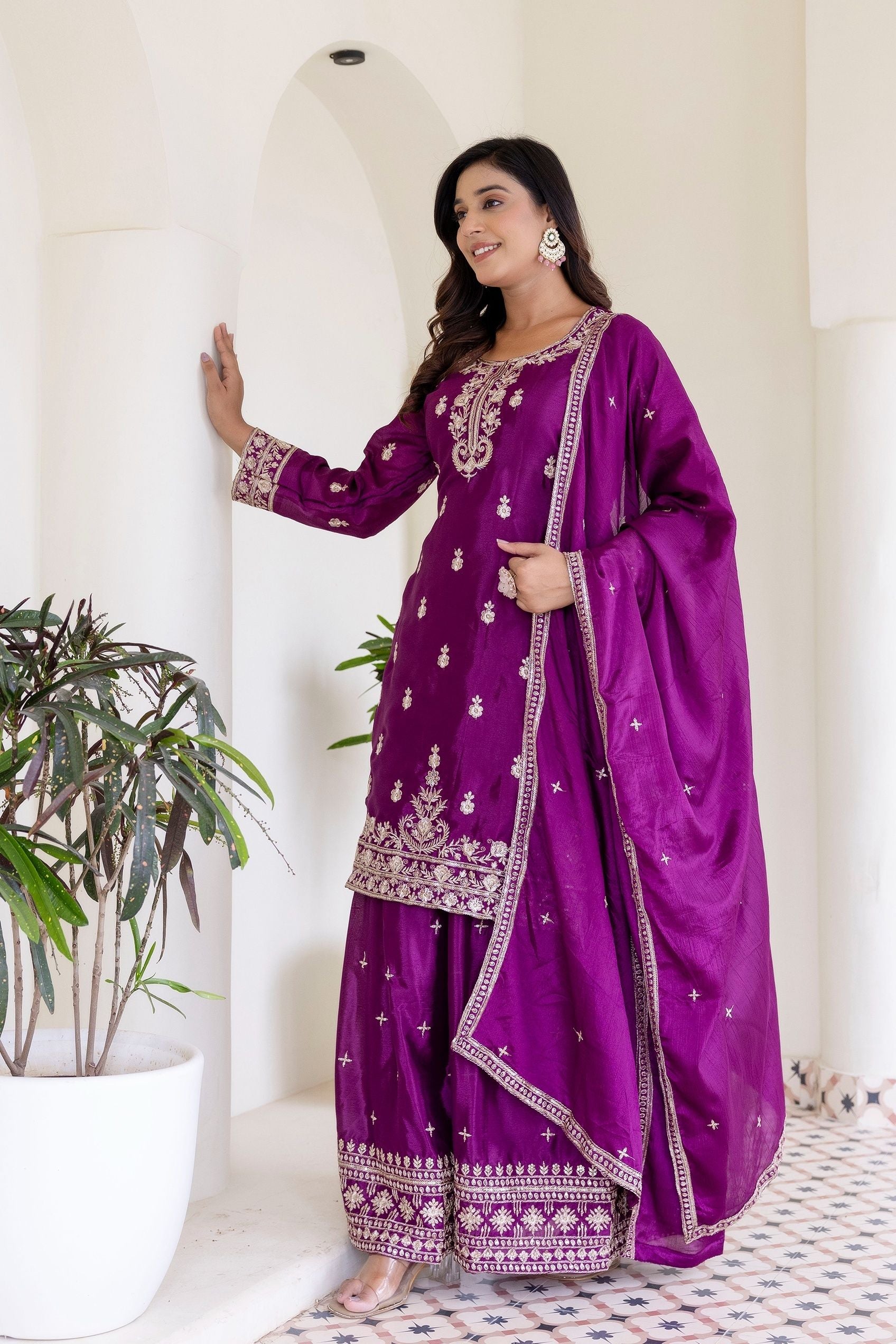 Plum Purple Embriodered Sequence Designer Traditional Wear Salwar Suit With Dupatta