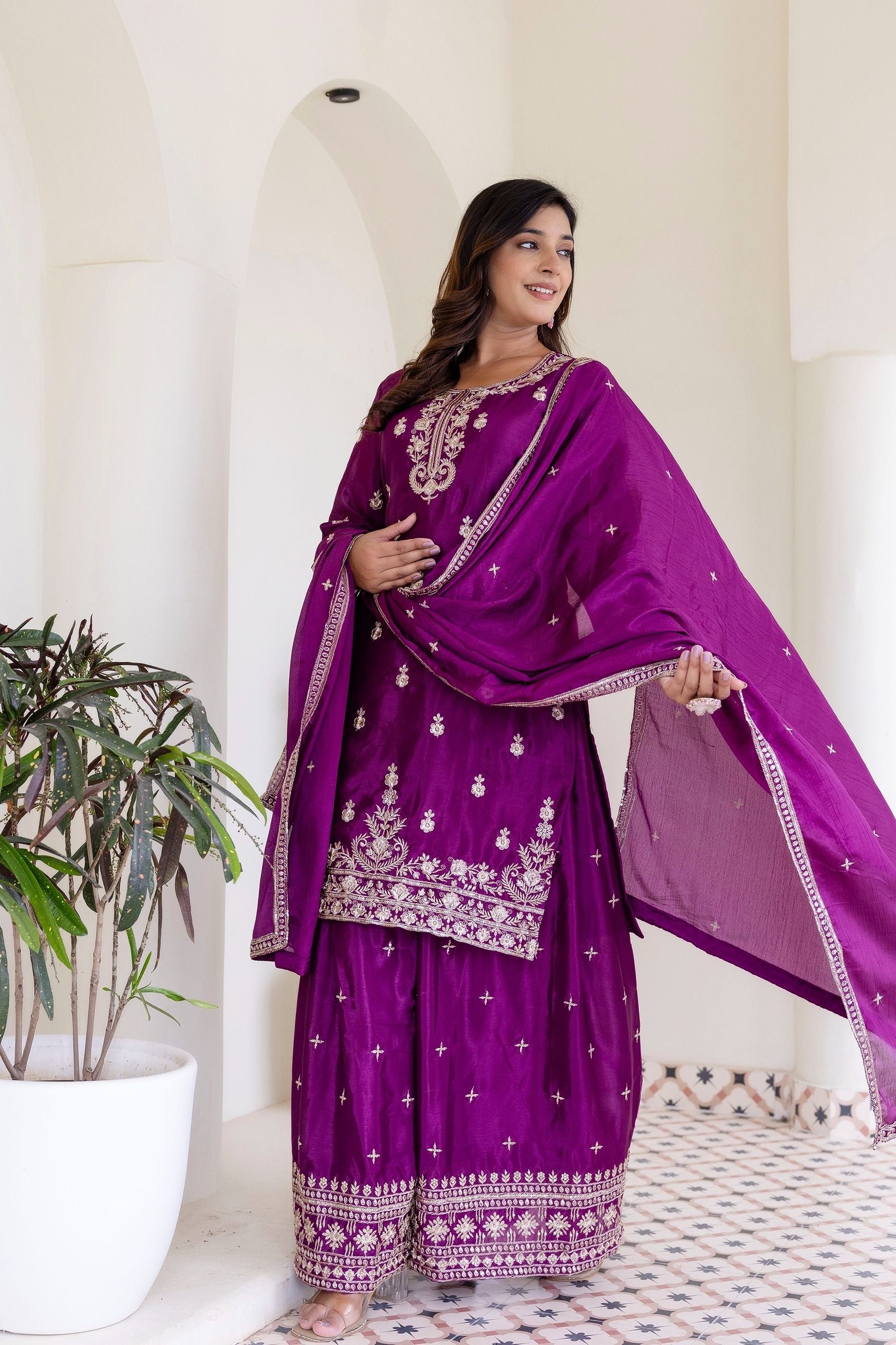 Plum Purple Embriodered Sequence Designer Traditional Wear Salwar Suit With Dupatta