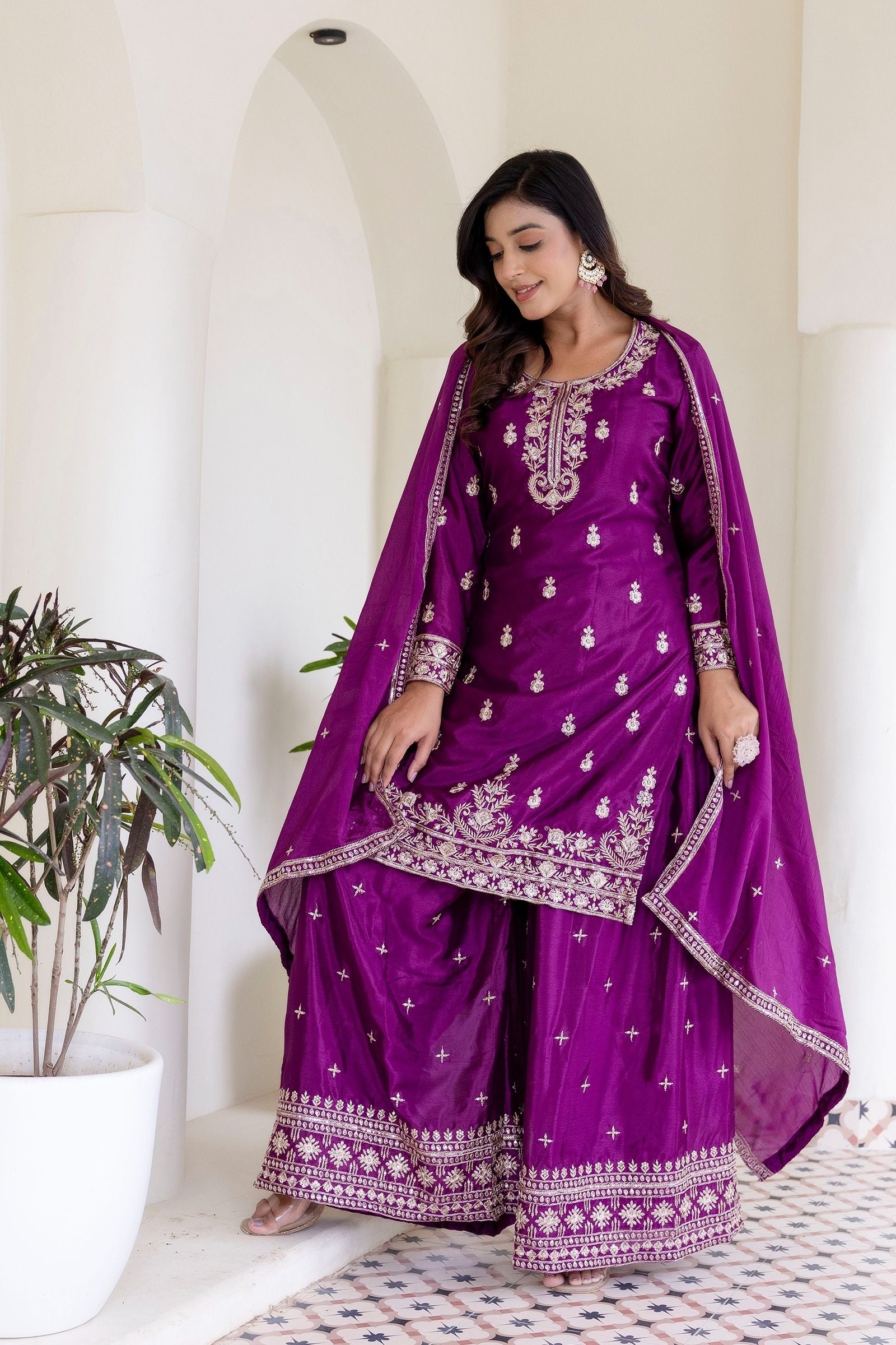 Plum Purple Embriodered Sequence Designer Traditional Wear Salwar Suit With Dupatta