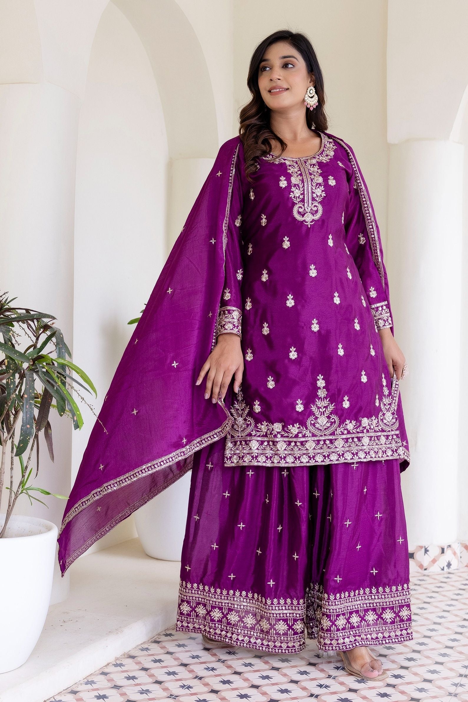 Plum Purple Embriodered Sequence Designer Traditional Wear Salwar Suit With Dupatta