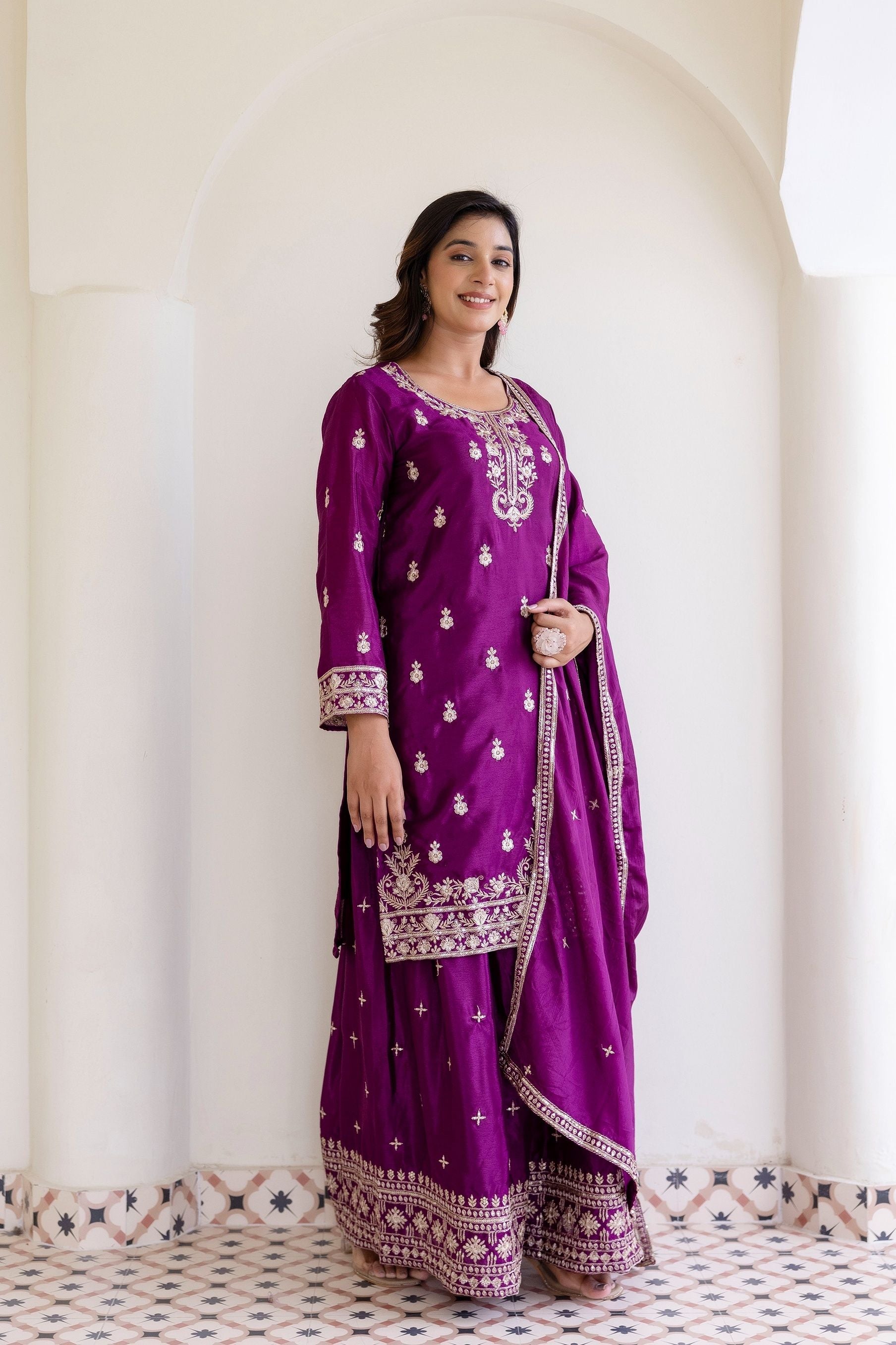 Plum Purple Embriodered Sequence Designer Traditional Wear Salwar Suit With Dupatta