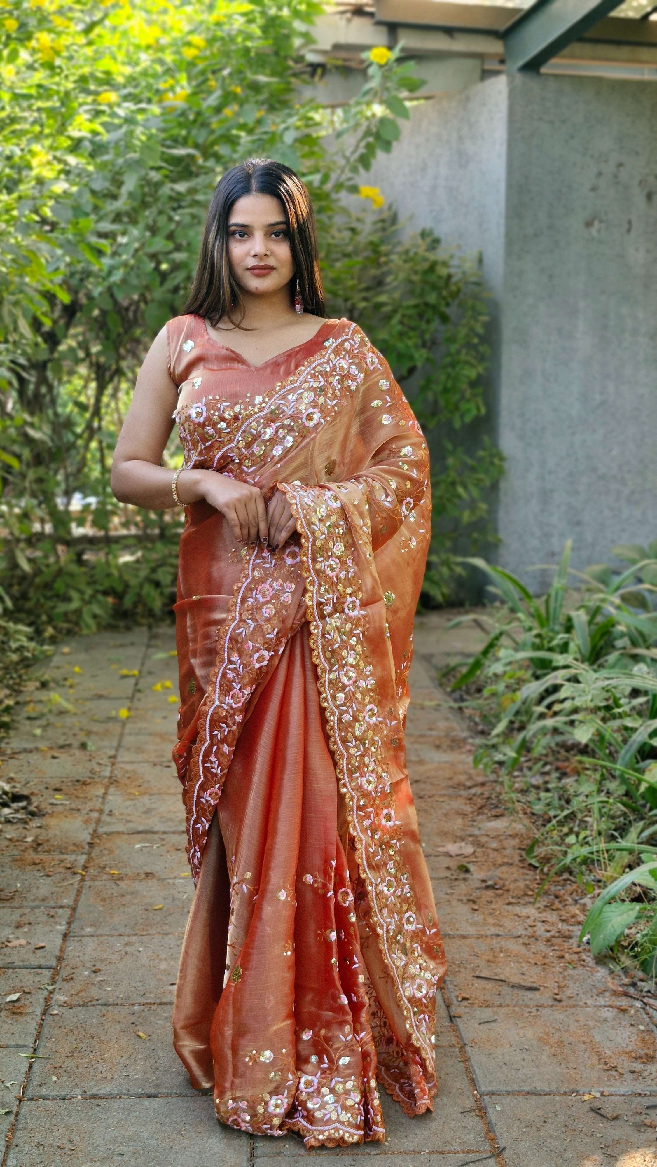 Blossom Peach Barbari Silk Heavy Sequence Pallu Designer Wedding Wear Saree With Embroidery Blouse