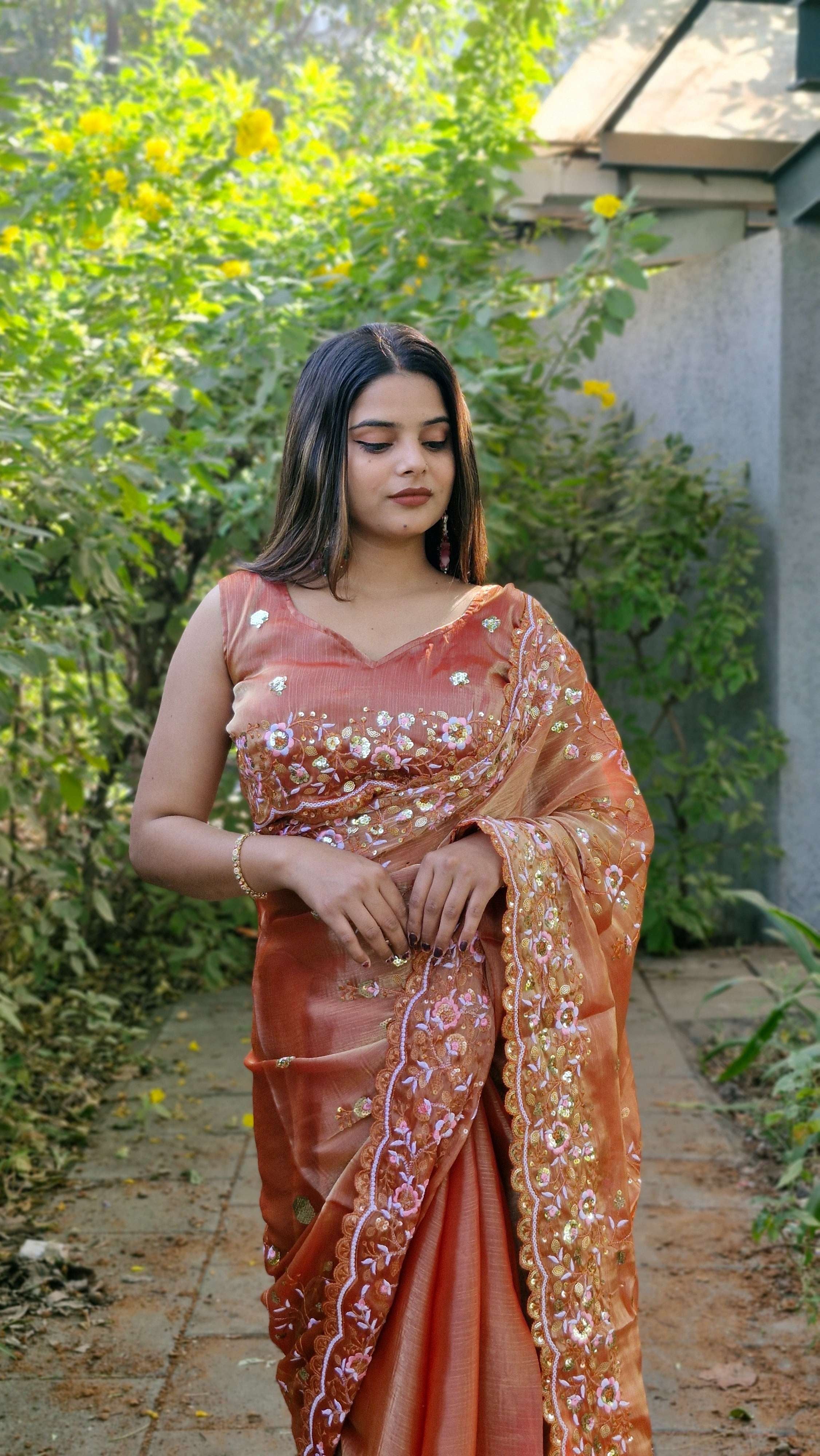Blossom Peach Barbari Silk Heavy Sequence Pallu Designer Wedding Wear Saree With Embroidery Blouse