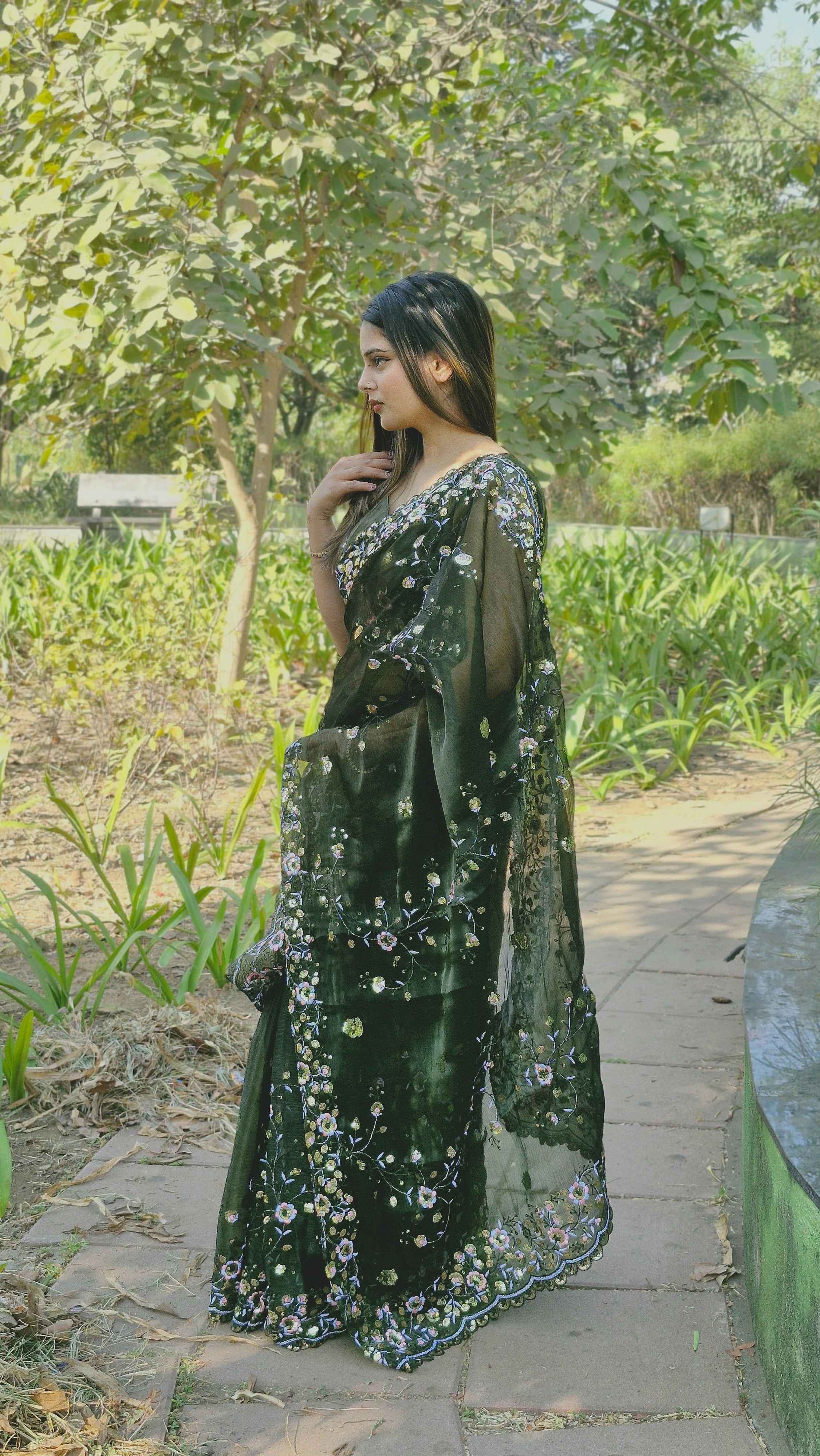 Stunning Deep Green Barbari Silk Heavy Sequence Pallu Designer Wedding Wear Saree With Embroidery Blouse
