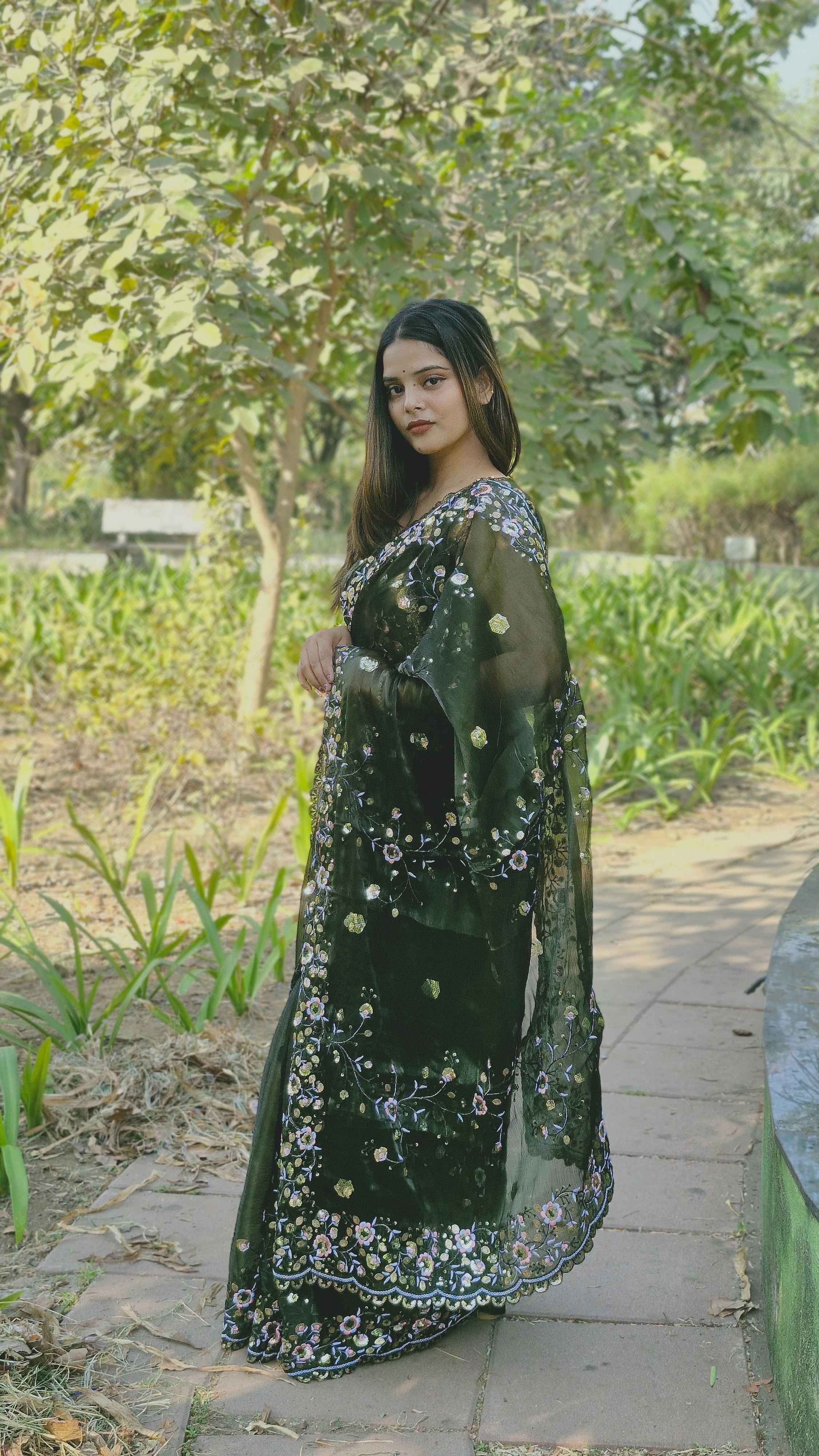 Stunning Deep Green Barbari Silk Heavy Sequence Pallu Designer Wedding Wear Saree With Embroidery Blouse