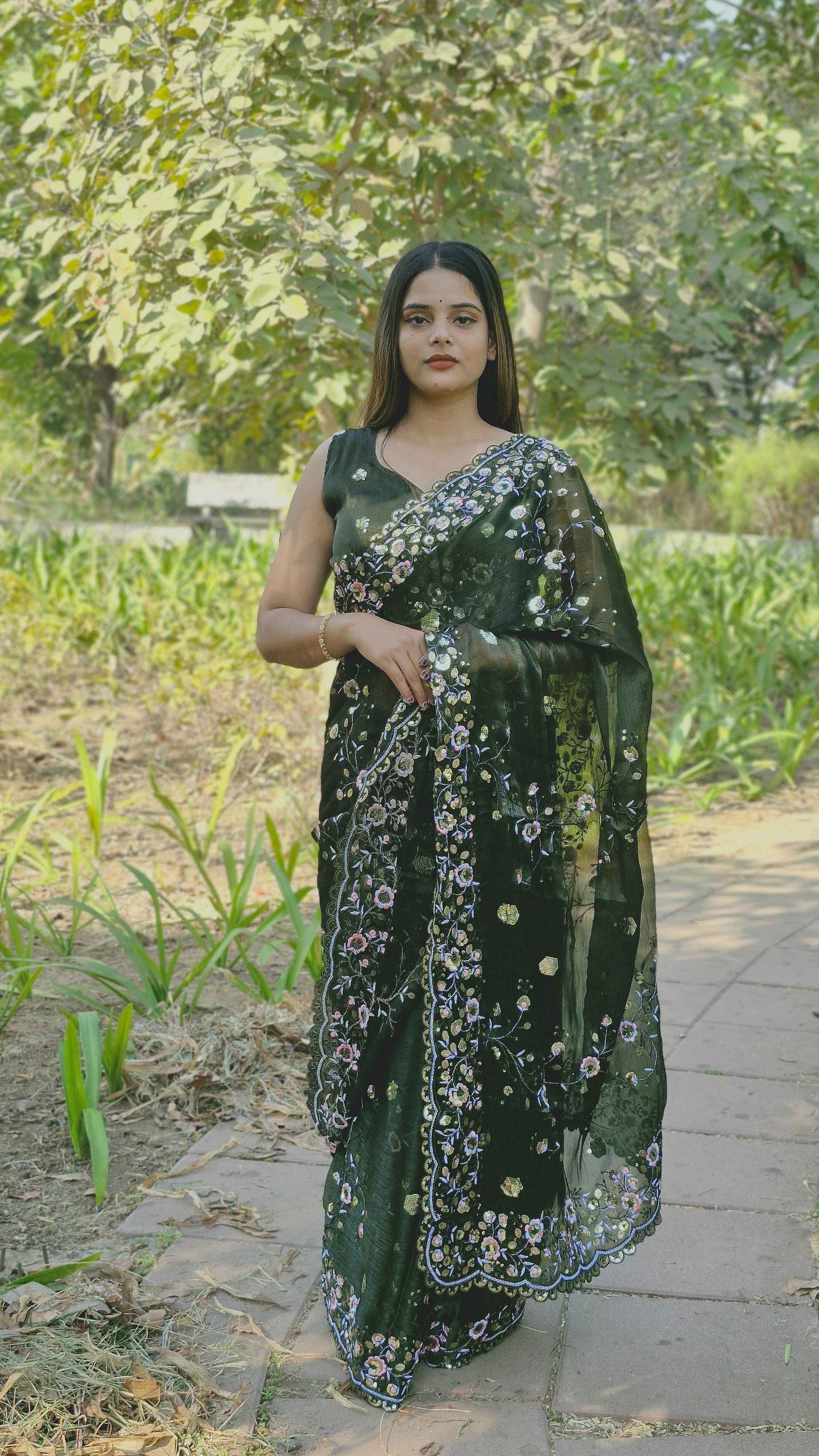 Stunning Deep Green Barbari Silk Heavy Sequence Pallu Designer Wedding Wear Saree With Embroidery Blouse