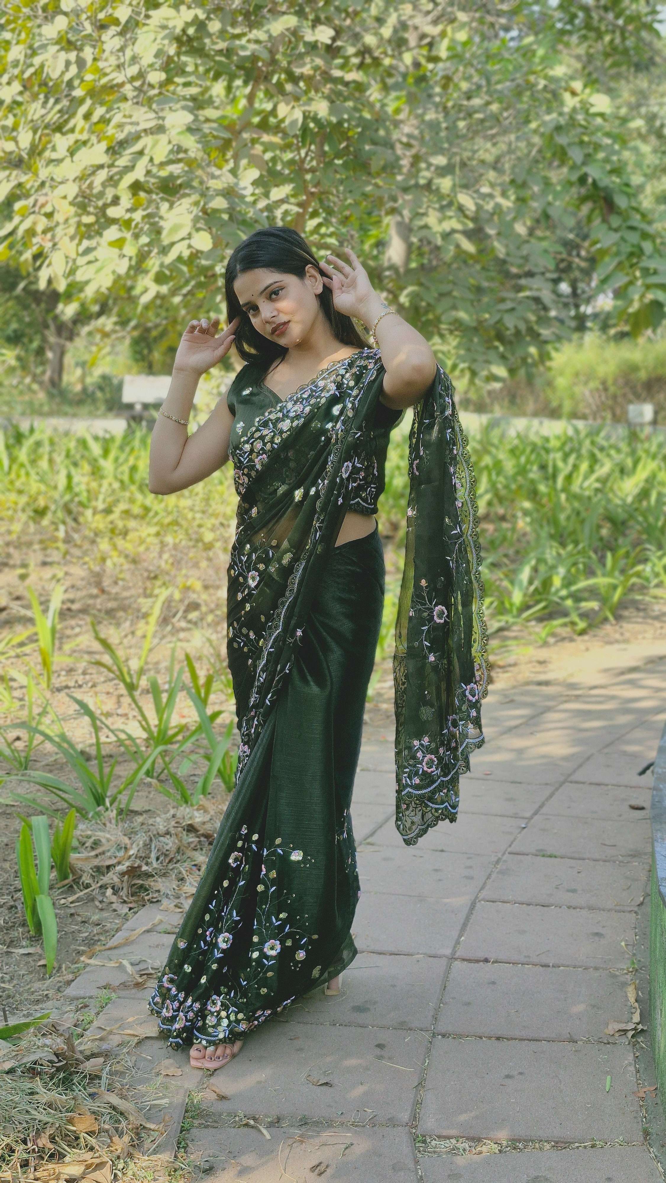 Stunning Deep Green Barbari Silk Heavy Sequence Pallu Designer Wedding Wear Saree With Embroidery Blouse