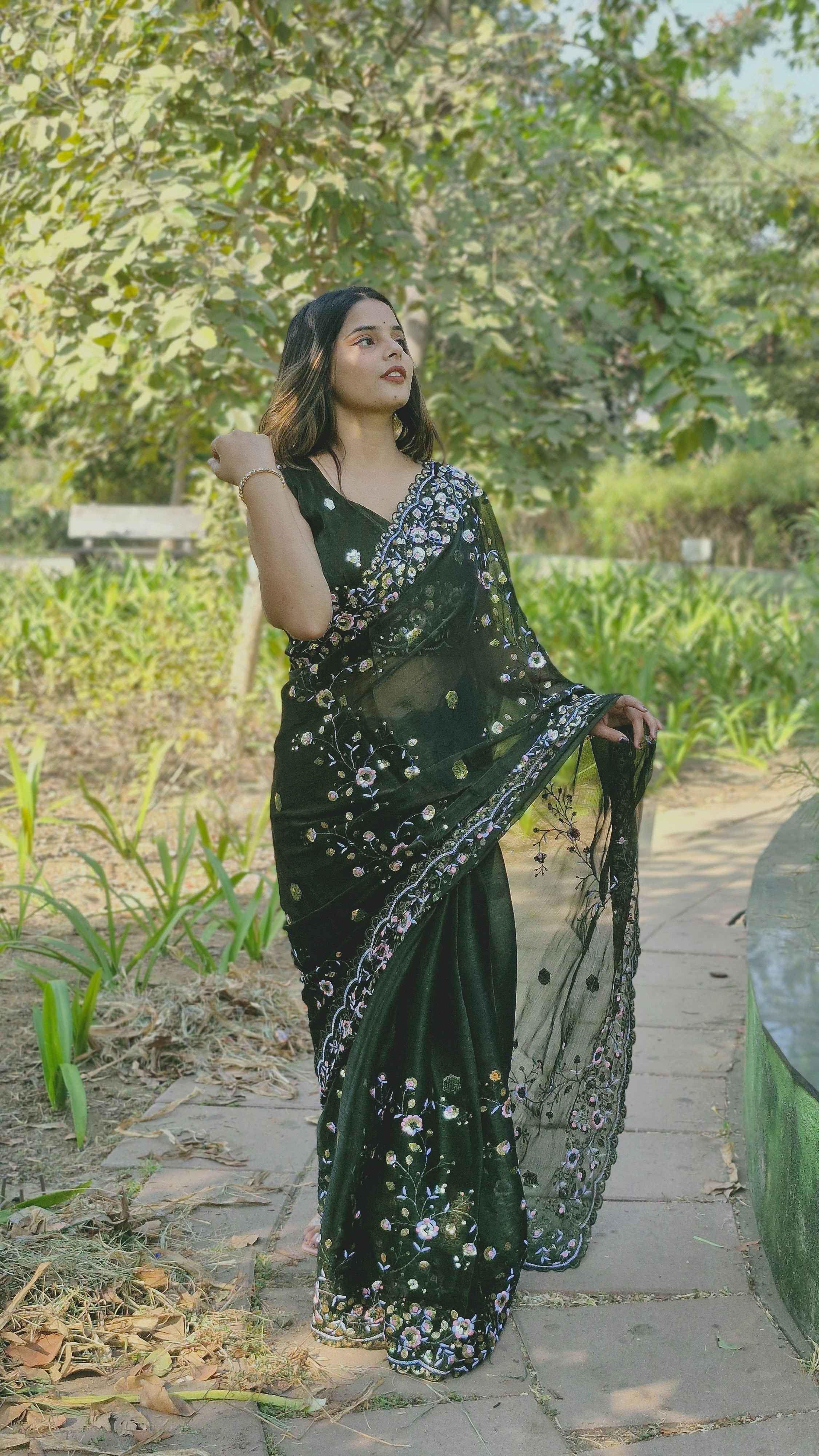 Stunning Deep Green Barbari Silk Heavy Sequence Pallu Designer Wedding Wear Saree With Embroidery Blouse