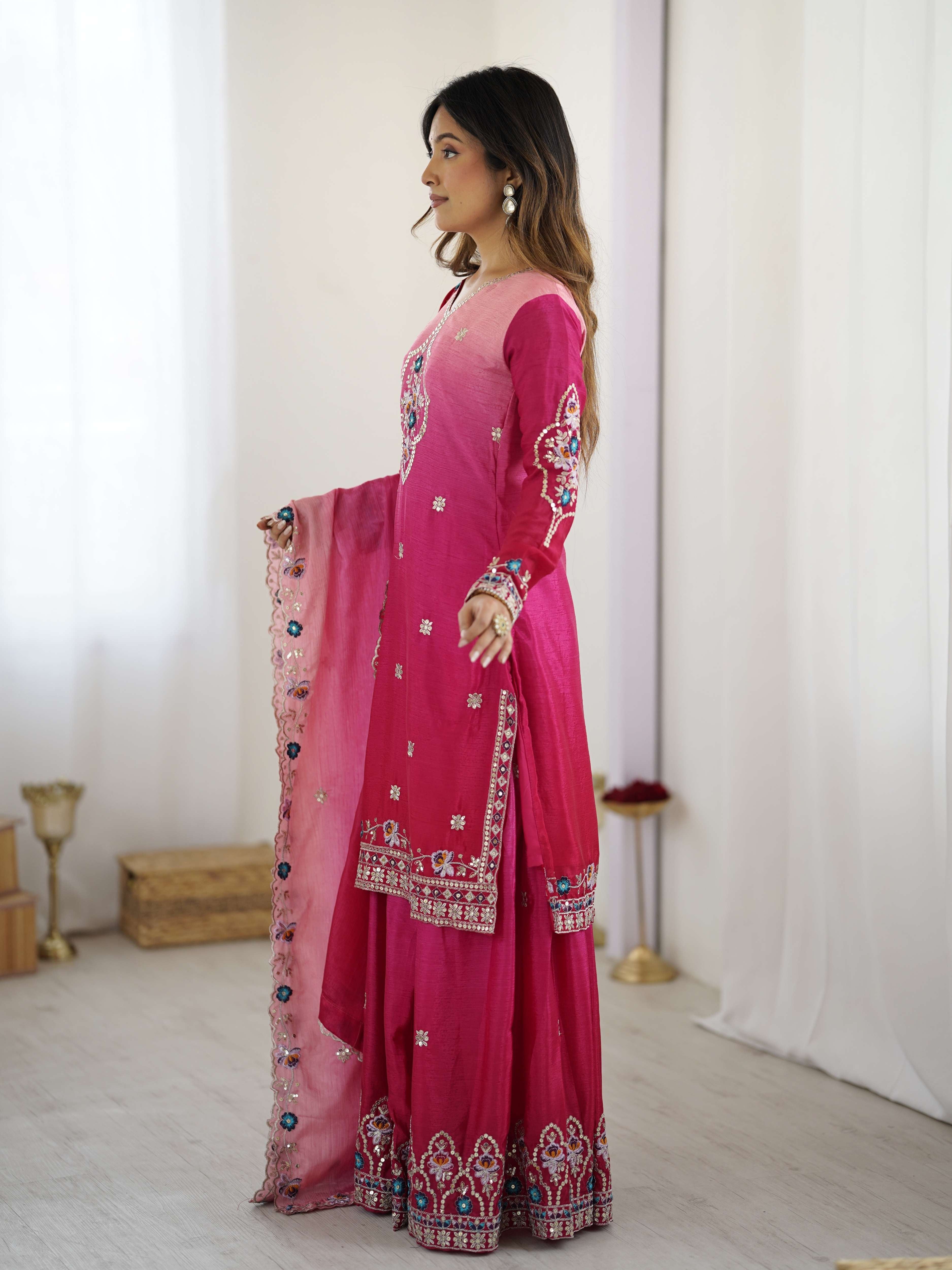 Majestick Rani Pink Chinon Pedding Embroidery Sequence Designer Wedding Wear Sharara Suit