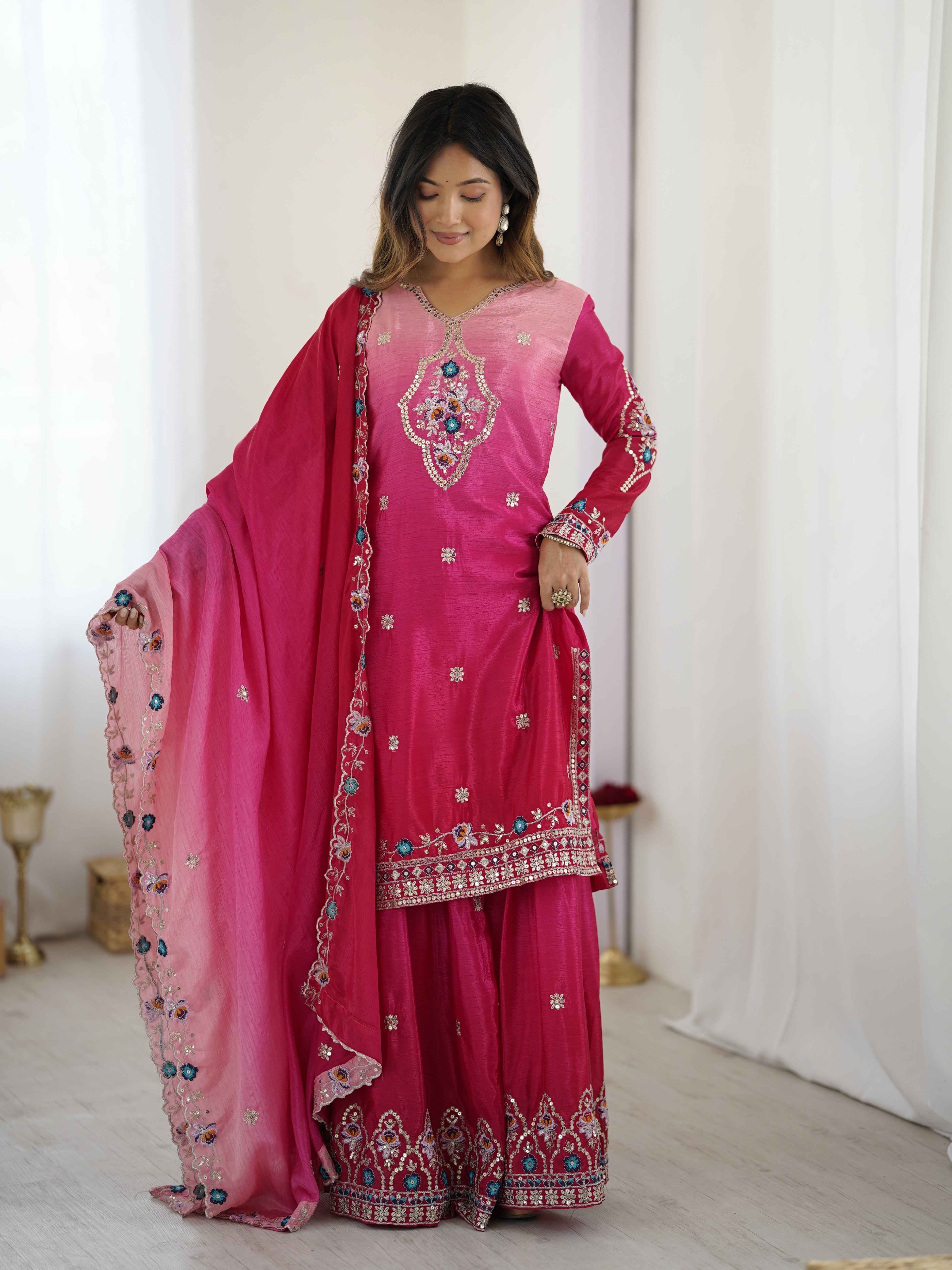 Majestick Rani Pink Chinon Pedding Embroidery Sequence Designer Wedding Wear Sharara Suit