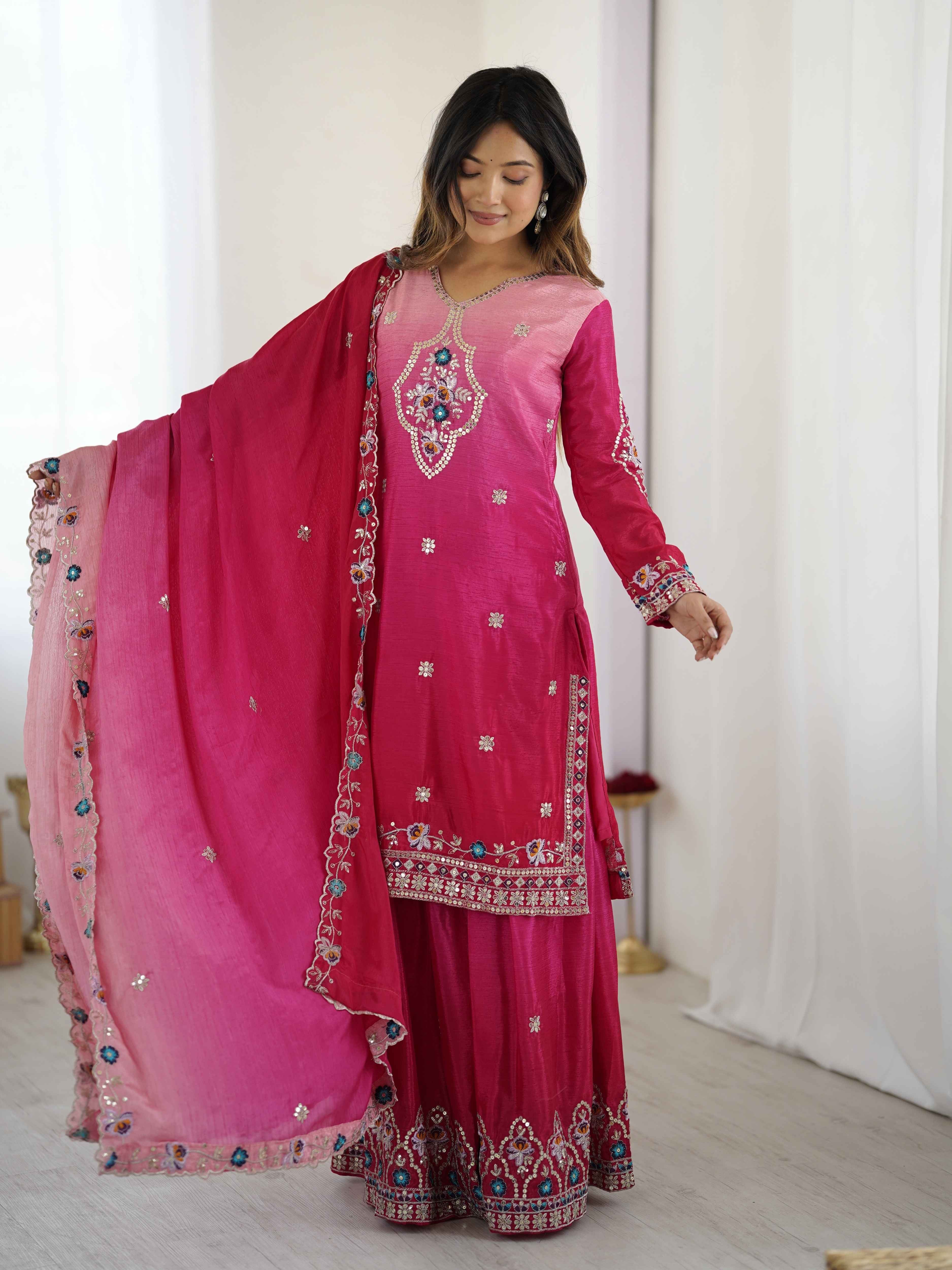 Majestick Rani Pink Chinon Pedding Embroidery Sequence Designer Wedding Wear Sharara Suit