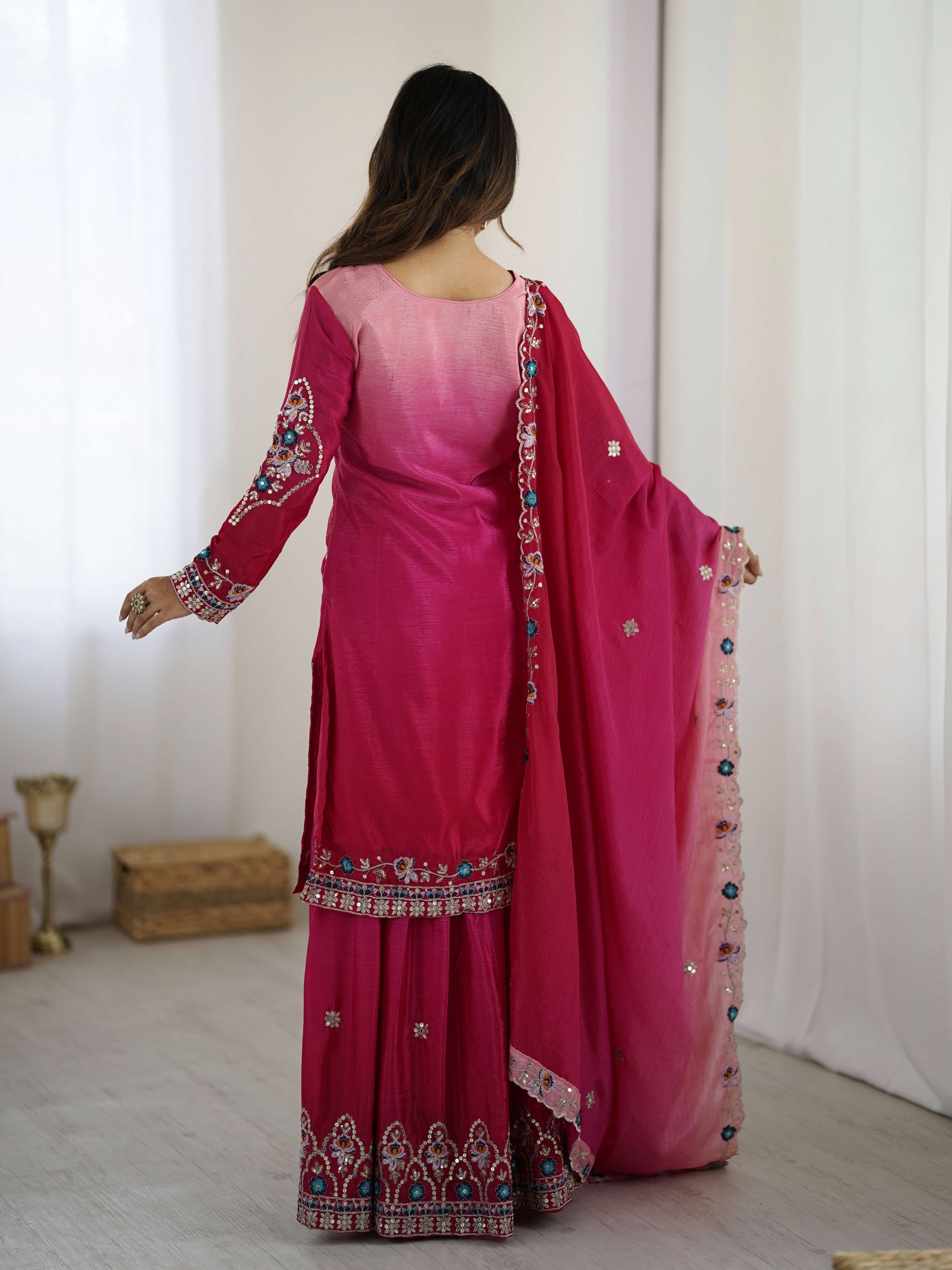 Majestick Rani Pink Chinon Pedding Embroidery Sequence Designer Wedding Wear Sharara Suit