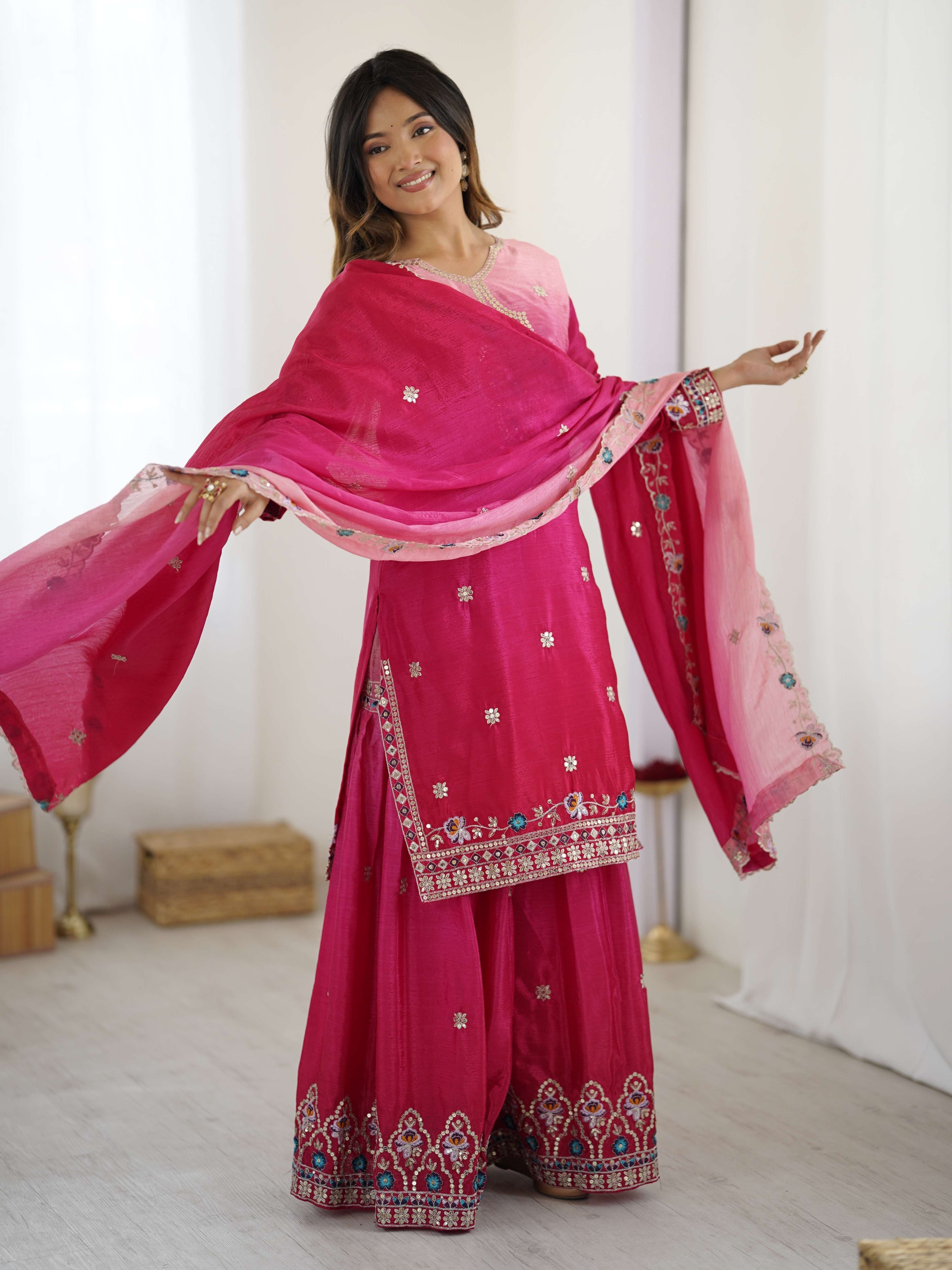 Majestick Rani Pink Chinon Pedding Embroidery Sequence Designer Wedding Wear Sharara Suit