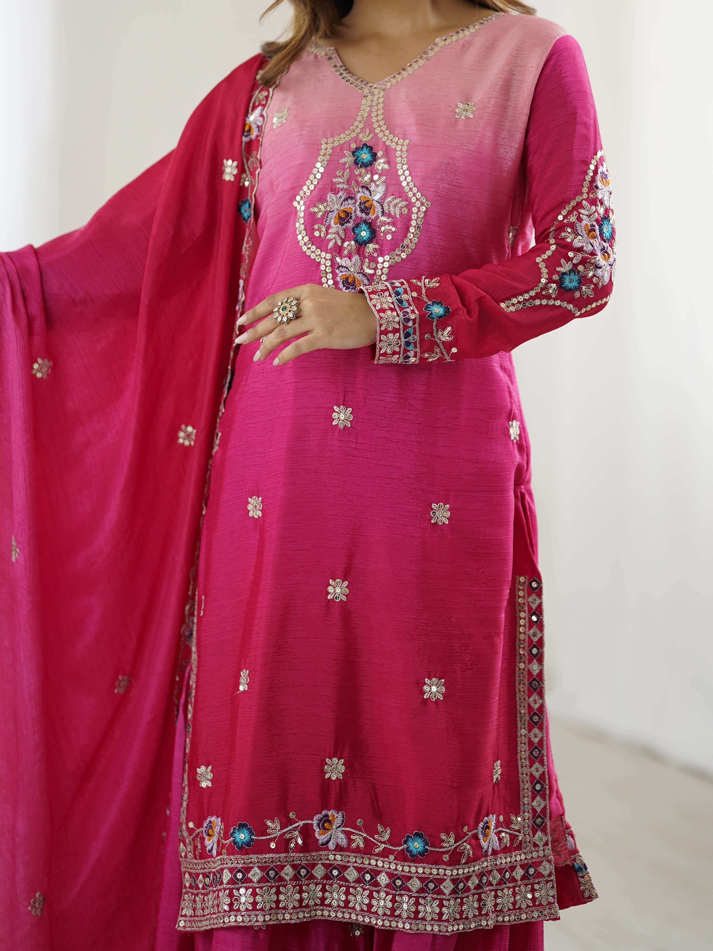 Majestick Rani Pink Chinon Pedding Embroidery Sequence Designer Wedding Wear Sharara Suit