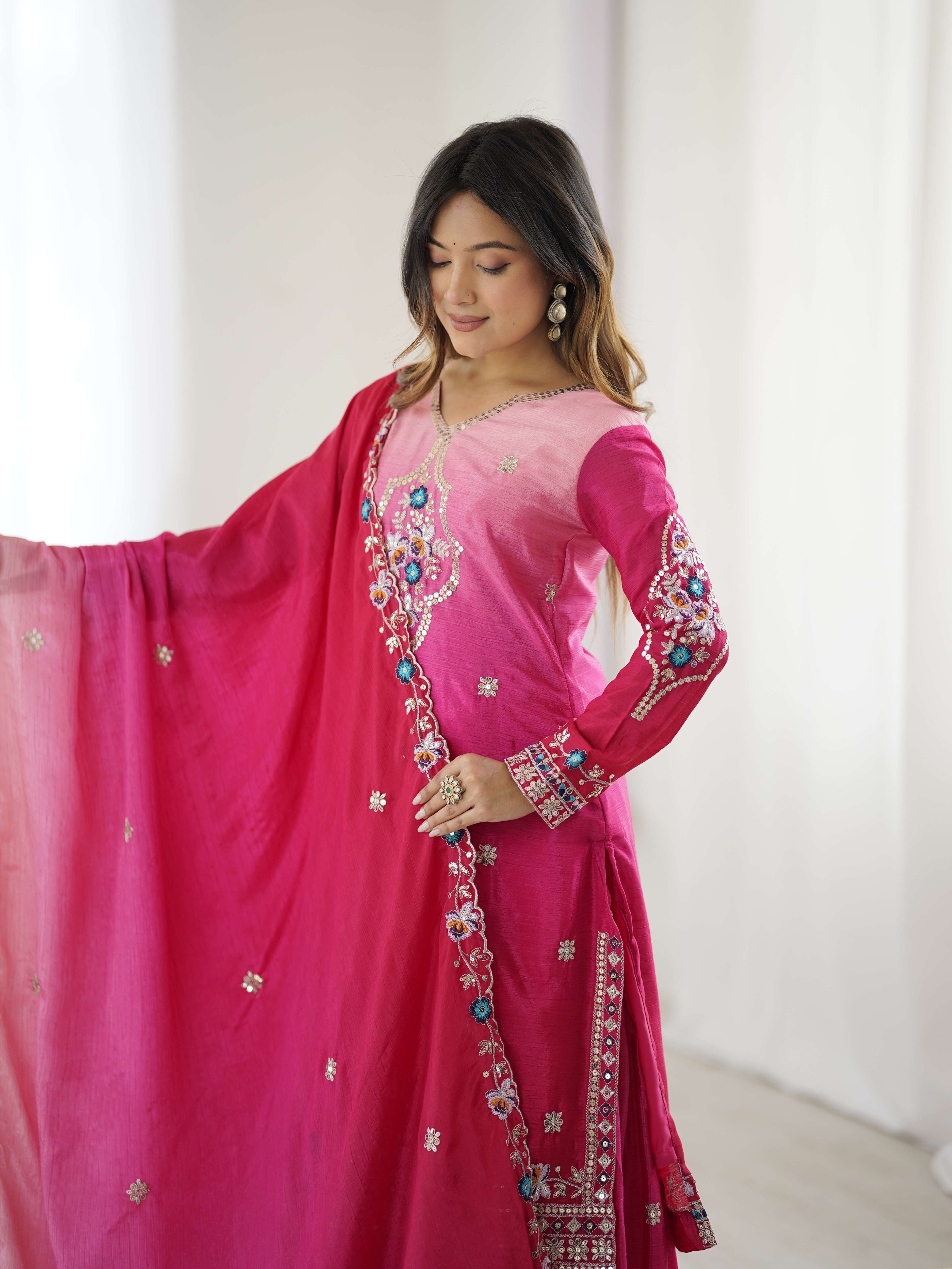 Majestick Rani Pink Chinon Pedding Embroidery Sequence Designer Wedding Wear Sharara Suit