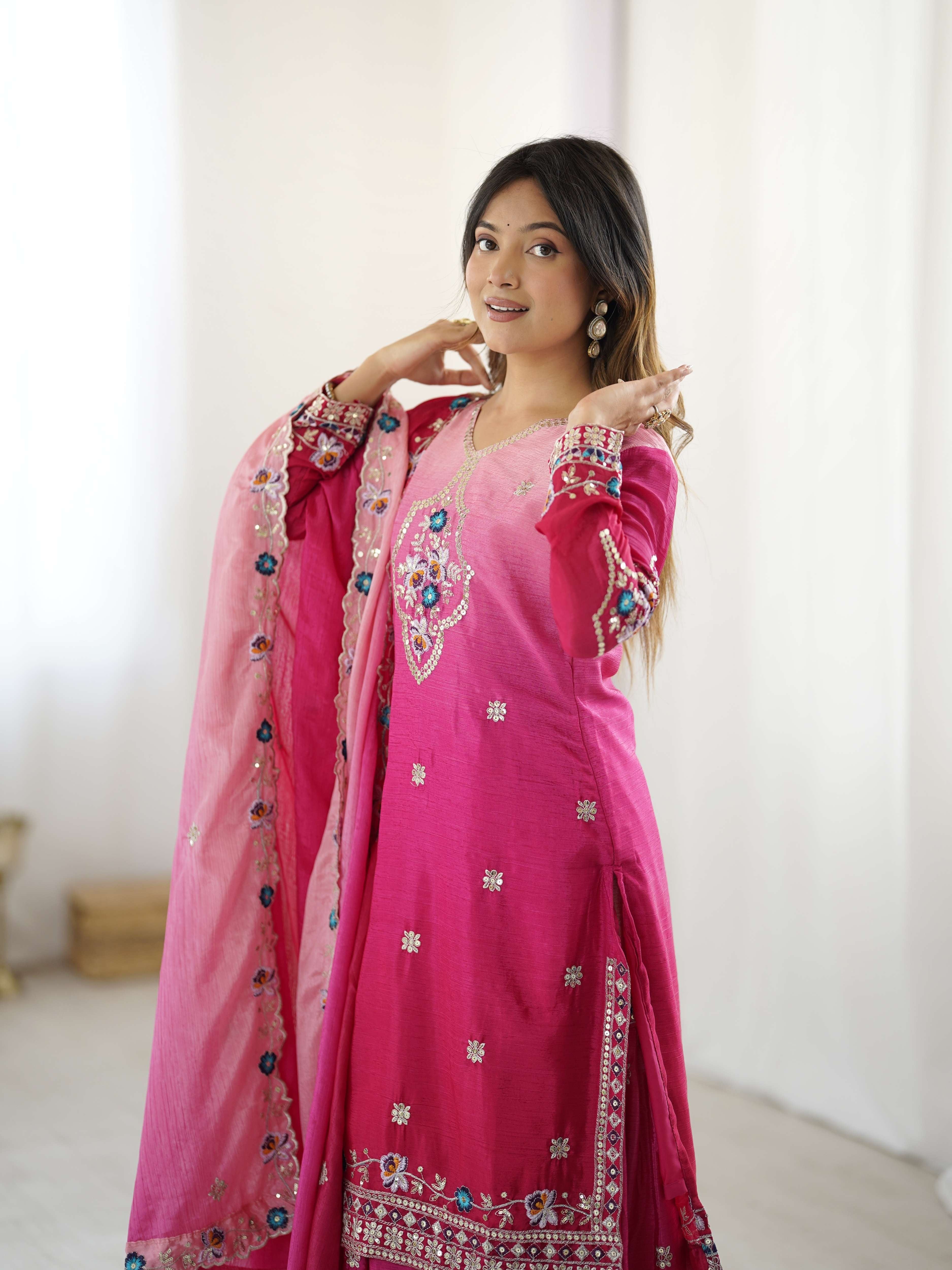 Majestick Rani Pink Chinon Pedding Embroidery Sequence Designer Wedding Wear Sharara Suit