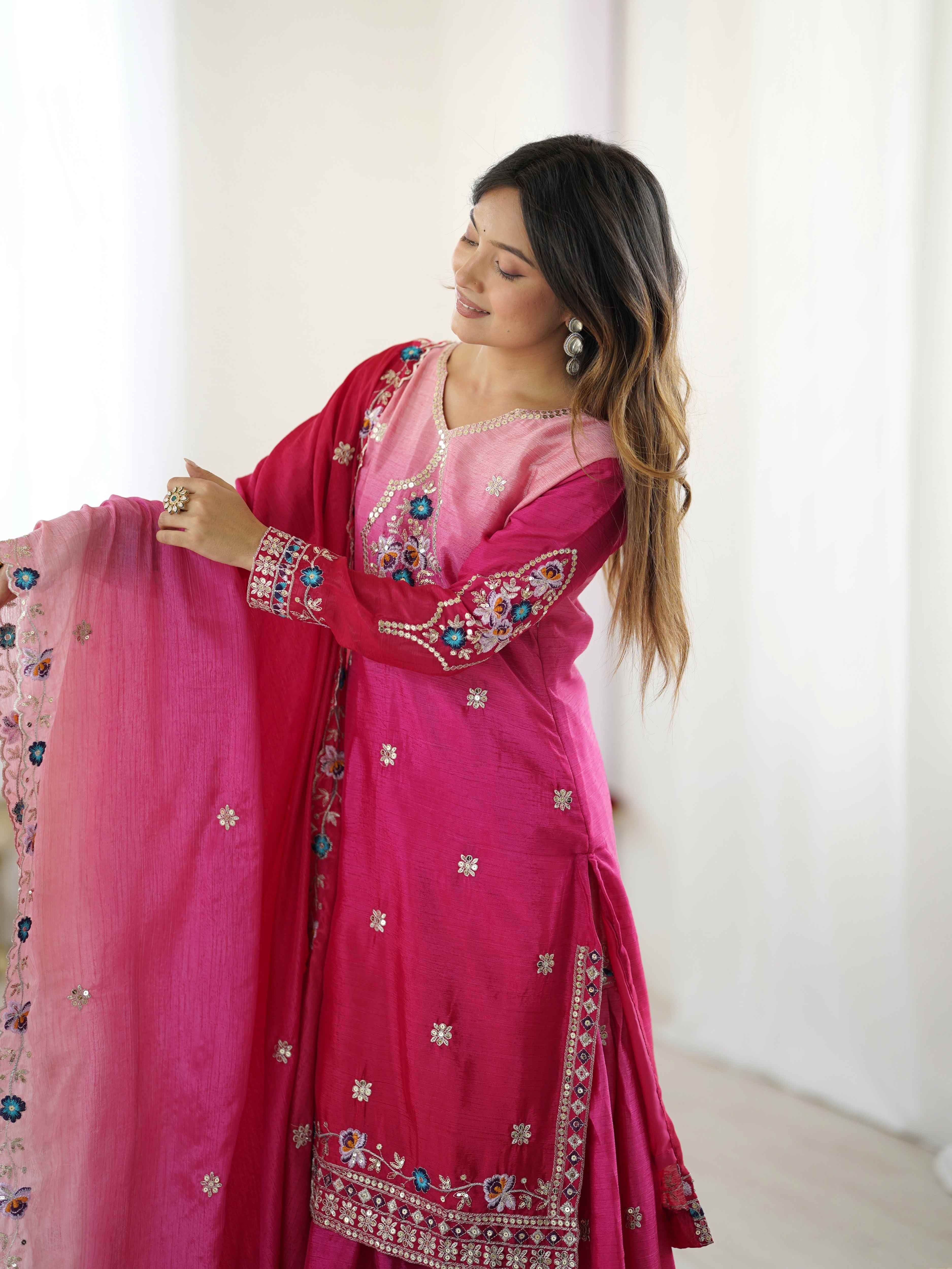 Majestick Rani Pink Chinon Pedding Embroidery Sequence Designer Wedding Wear Sharara Suit