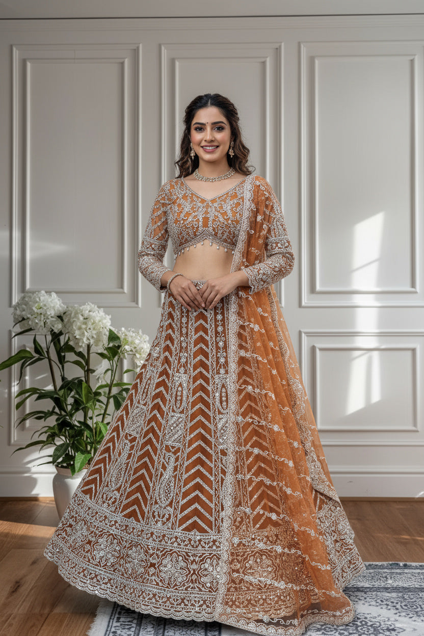 Intricate Rust Orange Butterfly Net Sequnce Designer Bridal Wear Lehenga Choli With Dupatta
