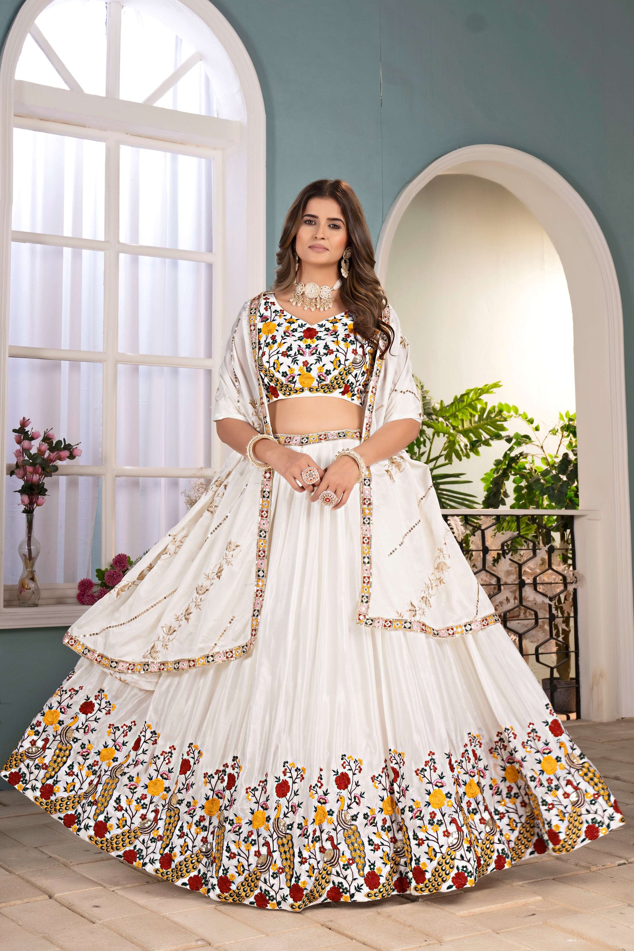 Attrative White chinon Multicolor Embroidered Sequence Designer Lehnge Choli With Dupatta