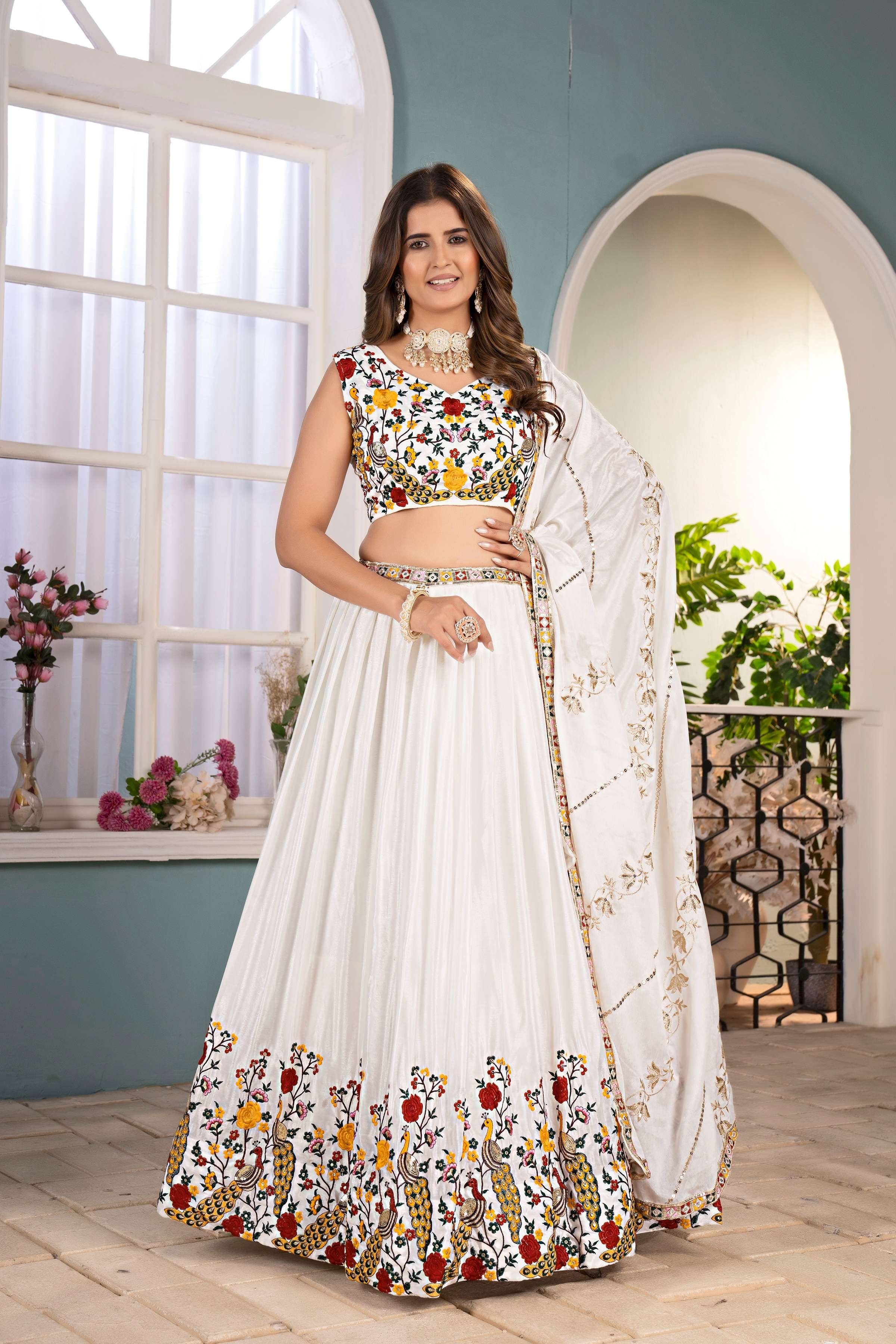 Attrative White chinon Multicolor Embroidered Sequence Designer Lehnge Choli With Dupatta