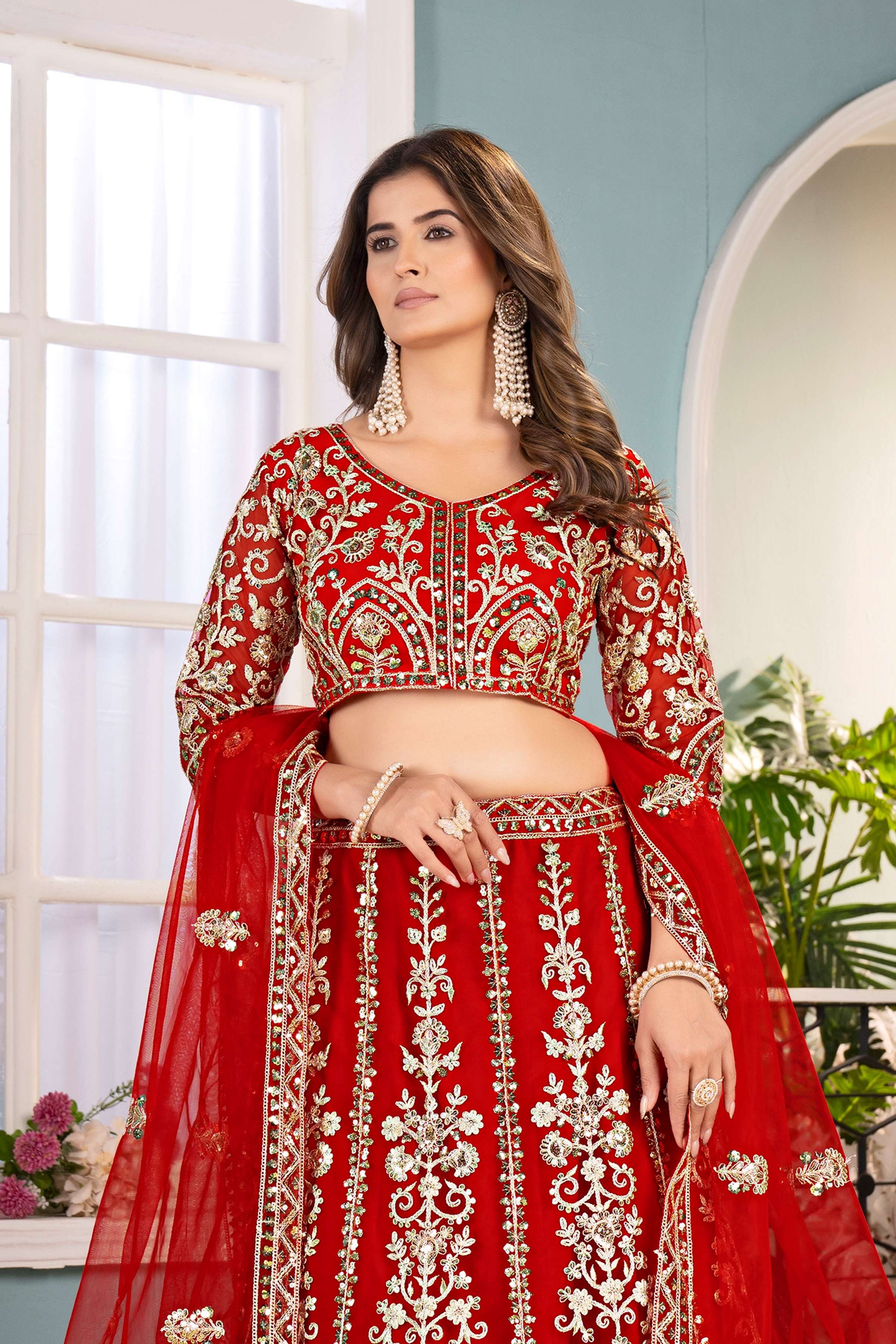 Incredible Red Net EmbroiderdCodding Designer Bridal Wear Lehanga Set