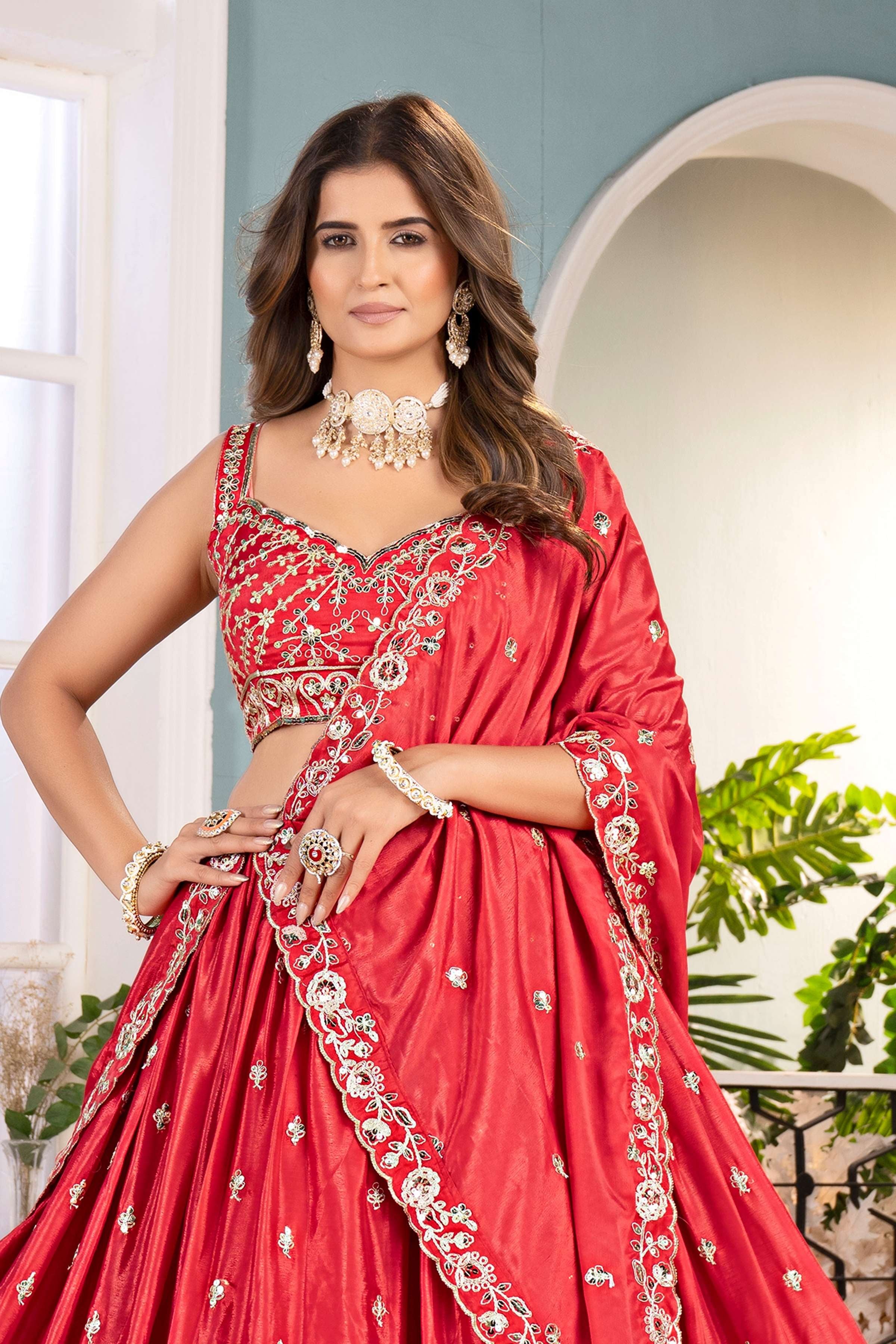 Beautifull Red Chinon Bridal Wear Embroidered Sequence Designer Lehanga Choli With Dupatta